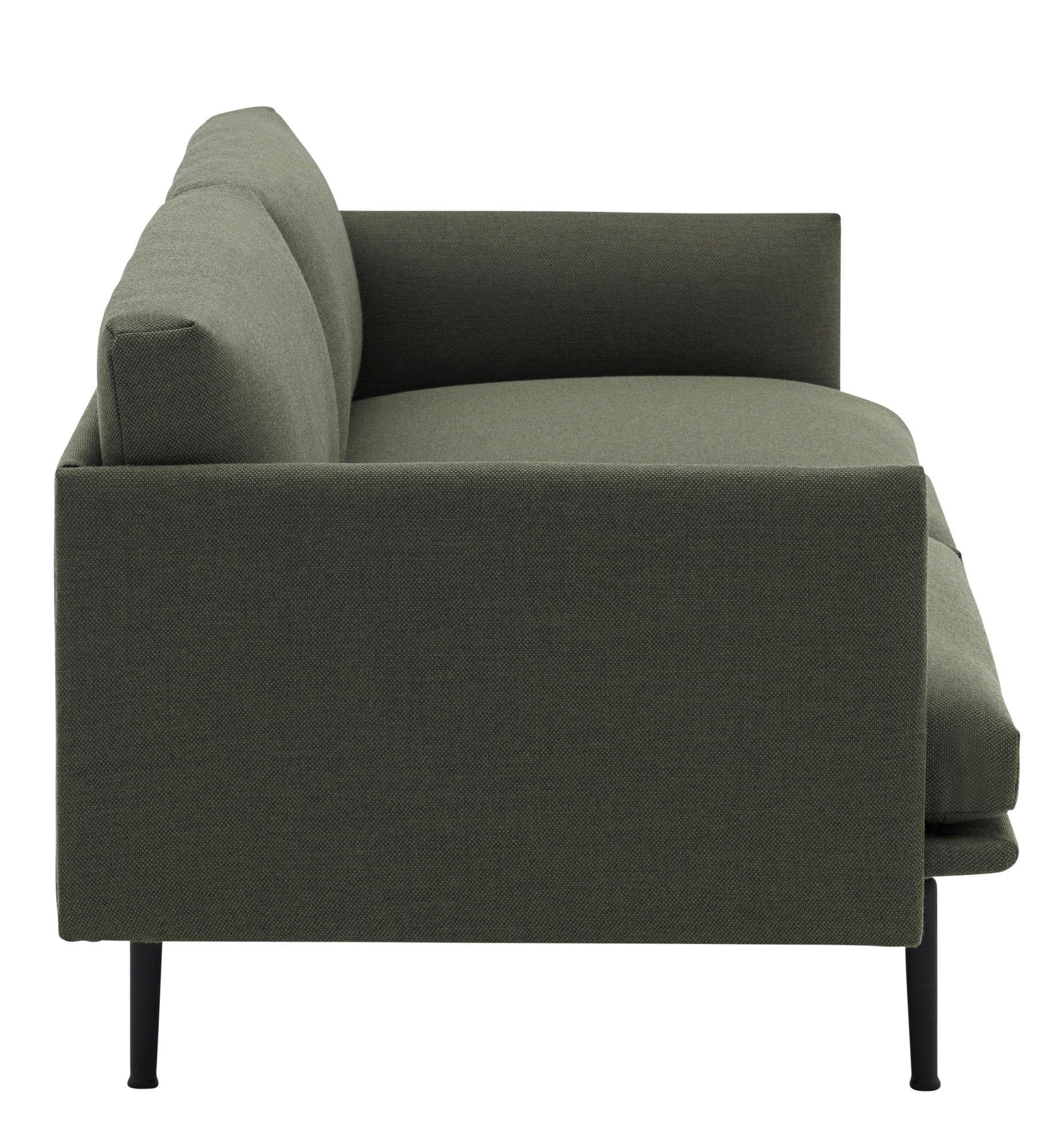 Muuto Outline Sofa, 3-Sitzer in Olivgrün, modernes Design Sofa mit schwarzen Füßen, Seitenansicht.
