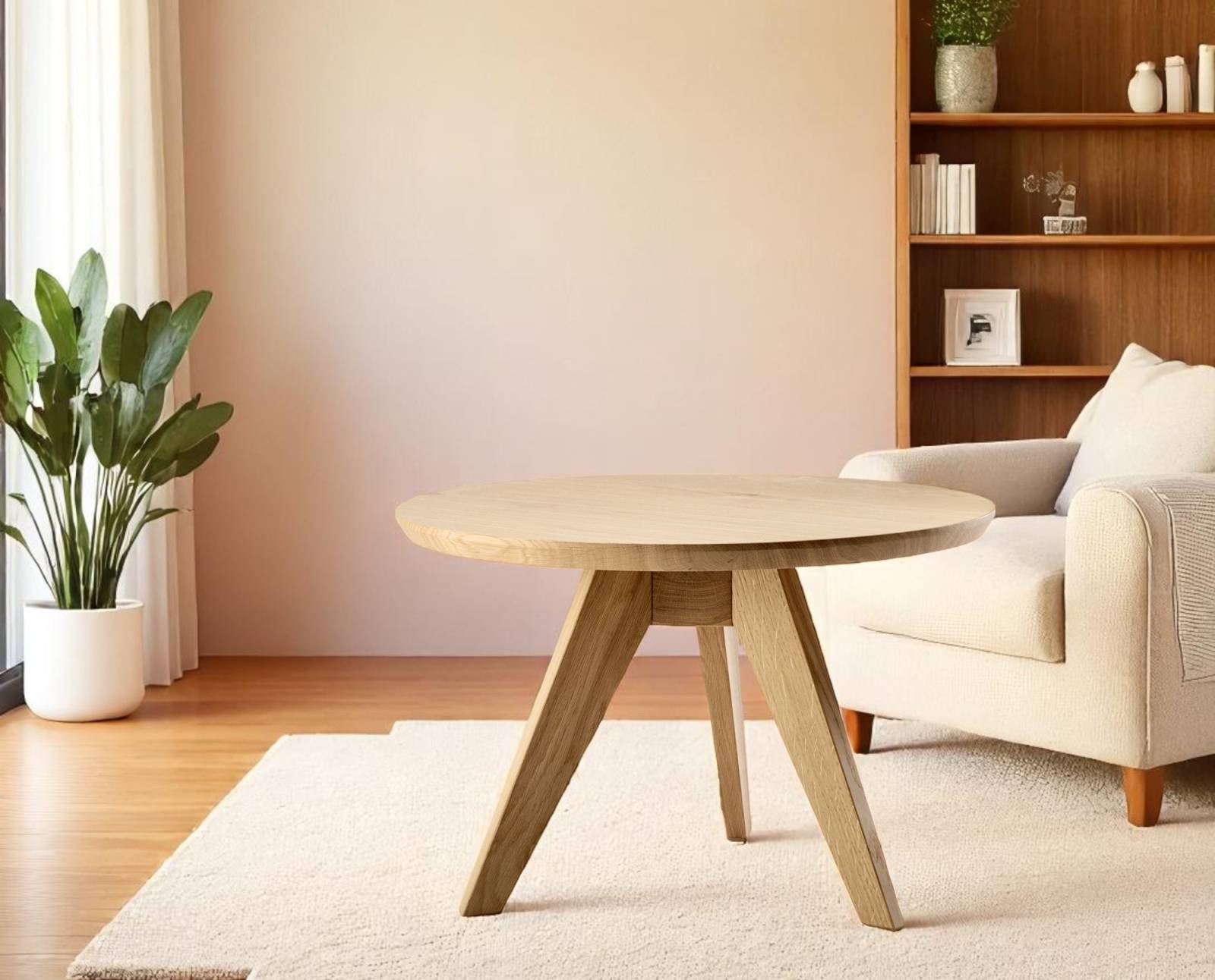 Cena Couchtisch Zeitraum aus hellem Holz im Wohnzimmer mit Teppich und Sessel.