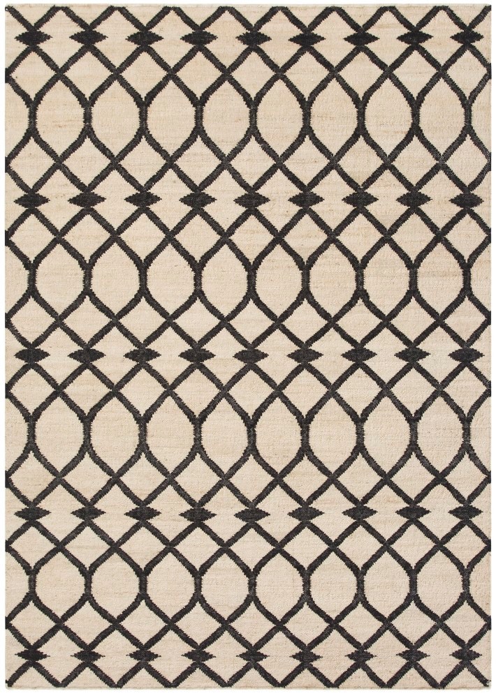 Kilim Teppich mit geometrischem Muster in Weiß und Schwarz, ideal für Wohnzimmer.
