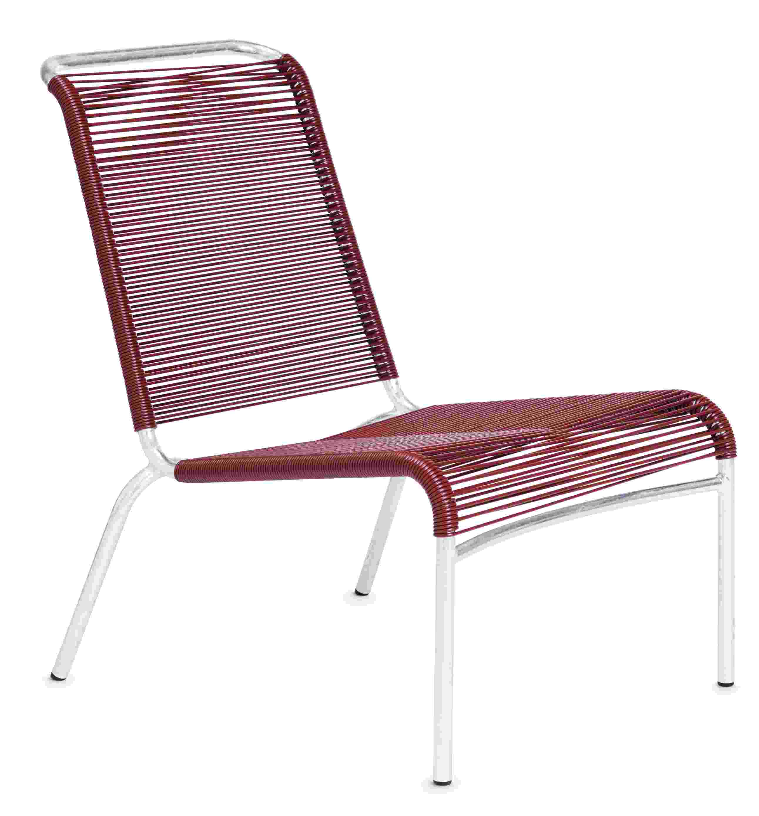 Altorfer Lounge Stuhl Outdoor Embru: Roter Outdoor Stuhl mit silbernem Gestell für Garten und Terrasse.