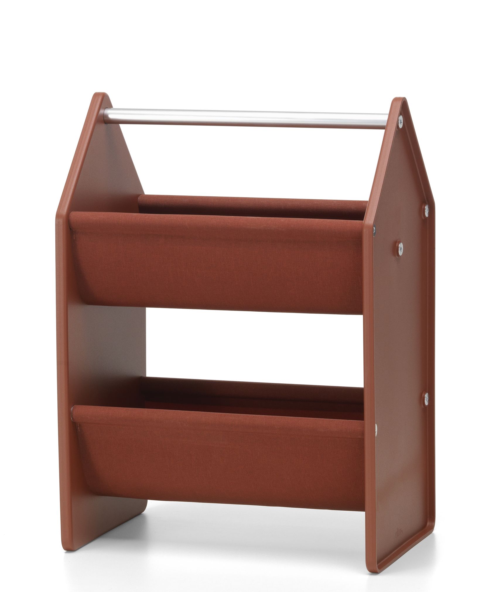 Braune Vitra Drop Box Aufbewahrungsbox mit zwei Stofffächern und einem silbernen Griff für Kinderzimmer.