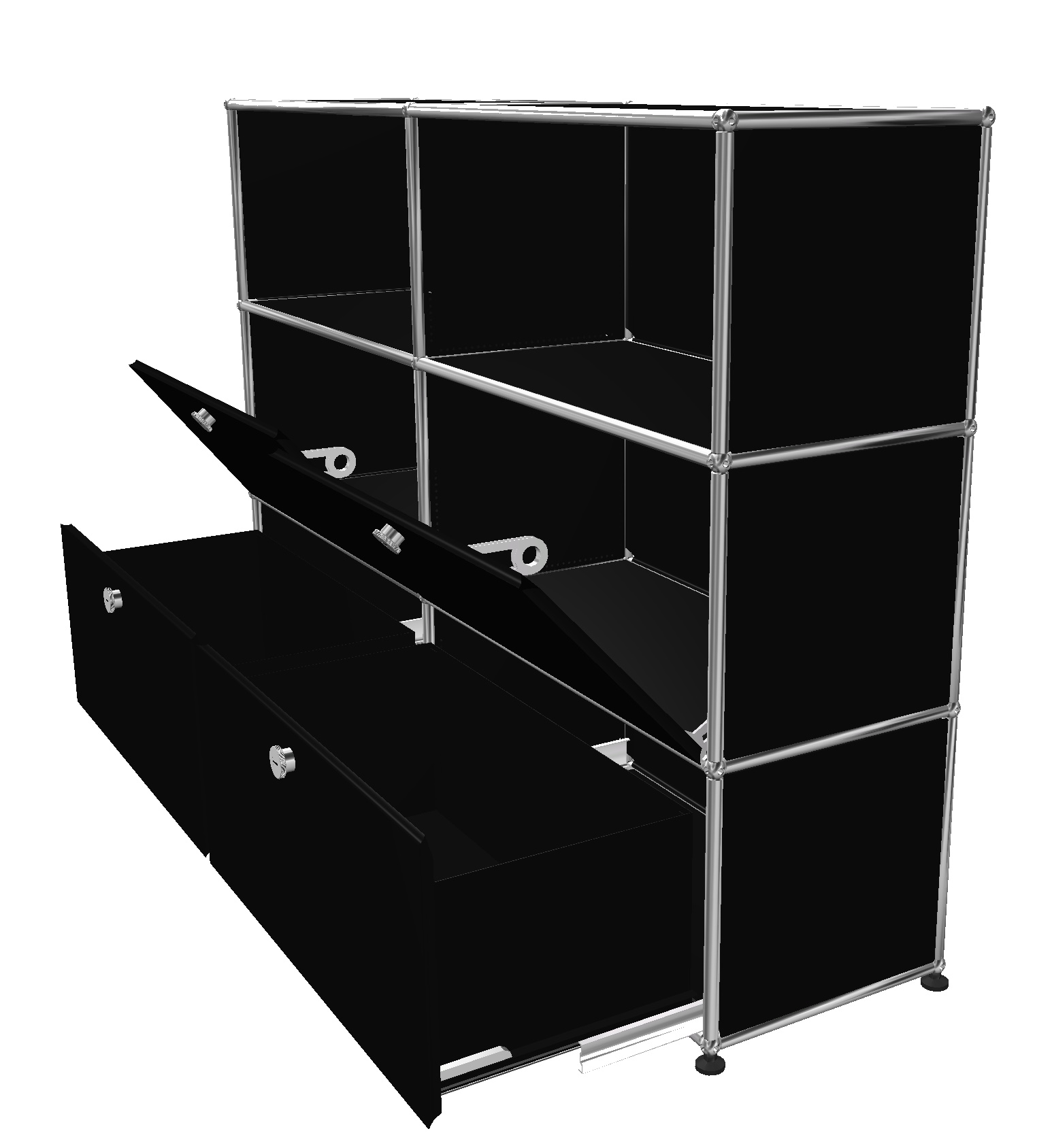 USM Haller Highboard in Graphitschwarz mit offenen Fächern, Klappen und Schubladen für stilvolle Aufbewahrung.