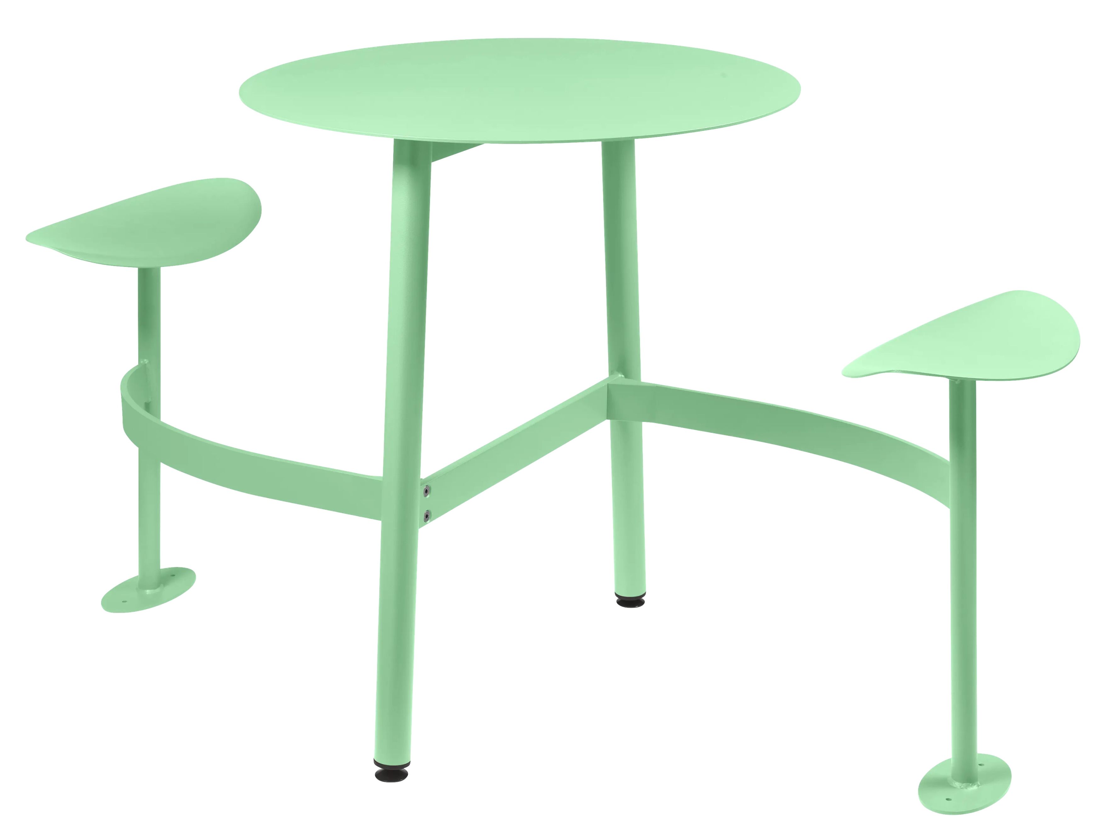 Bolder 2-Sitzer-Tisch von Fermob für den Außenbereich, hellgrüner Metalltisch mit integrierten Sitzflächen.