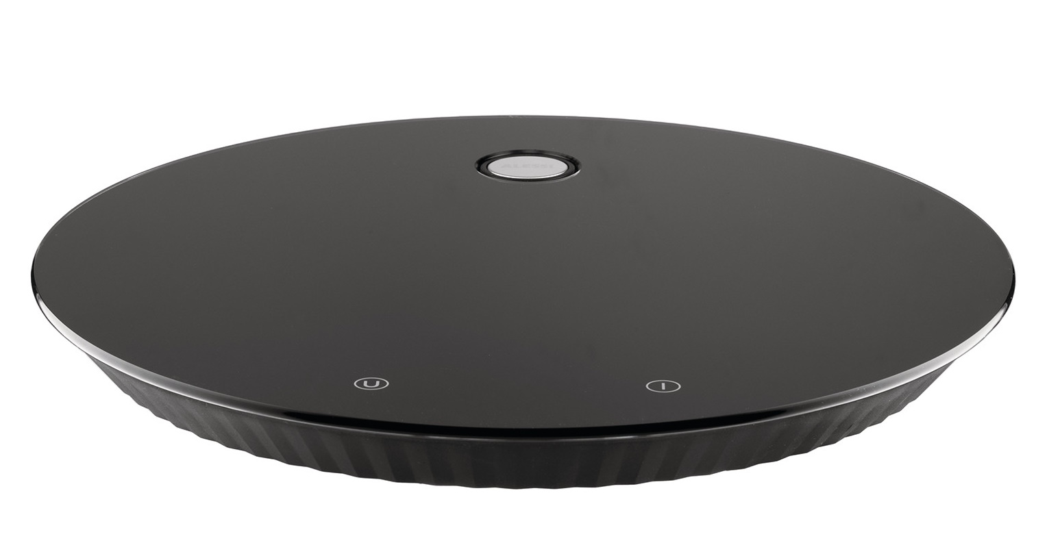 Schwarze Alessi Küchenwaage MDL16 Plissé, digitale Waage mit runder Glasoberfläche für präzises Wiegen.