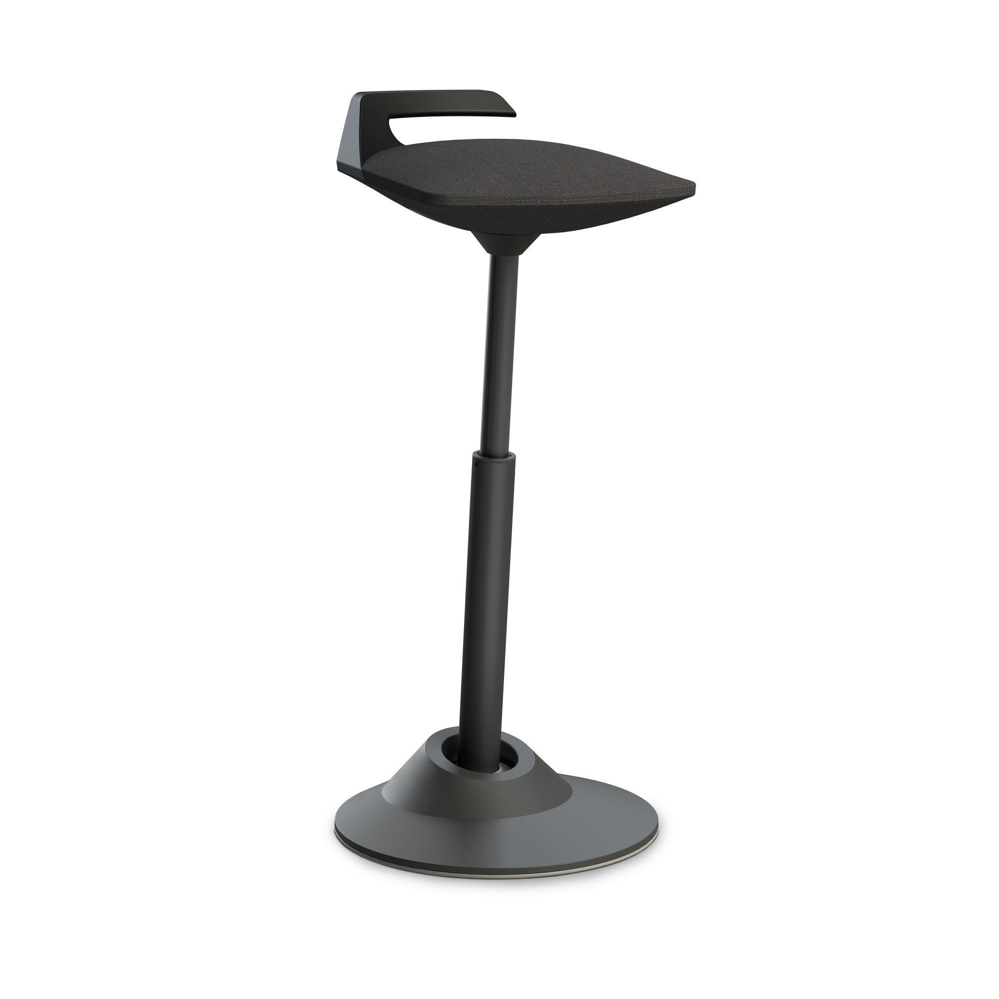 Schwarzer, höhenverstellbarer Stehhocker mit Fußstütze und grauem Bezug für ergonomisches Sitzen im Büro.