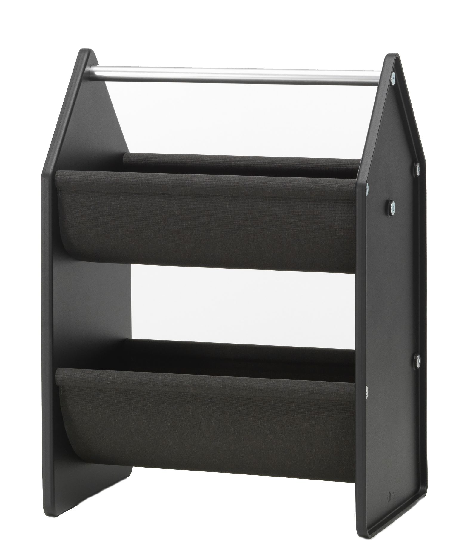 Schwarze Vitra Drop Box Aufbewahrungsbox mit zwei Stofffächern und silbernem Griff für Kinderzimmer.