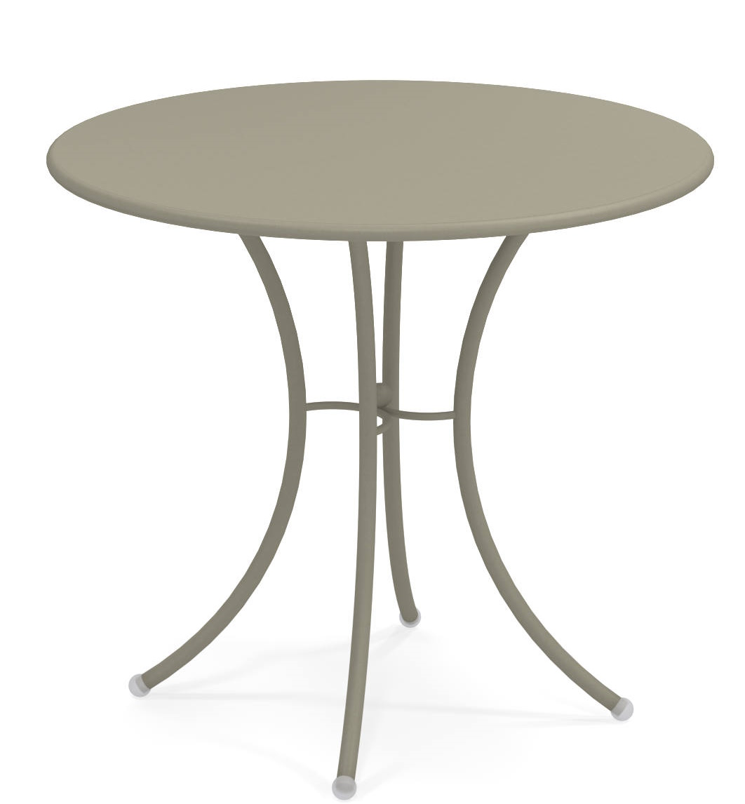 Pigalle Tisch rund Outdoor Emu, Gartentisch aus Metall in Taupe mit filigranem Untergestell.