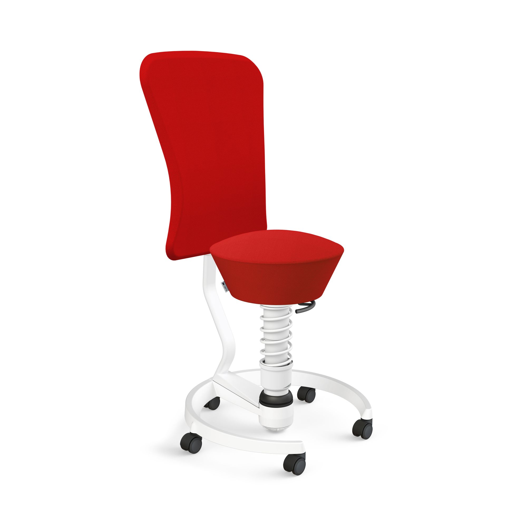 Roter Bürostuhl mit Rückenlehne, ergonomisch, höhenverstellbar und Rollen, ideal für Büro und Homeoffice.