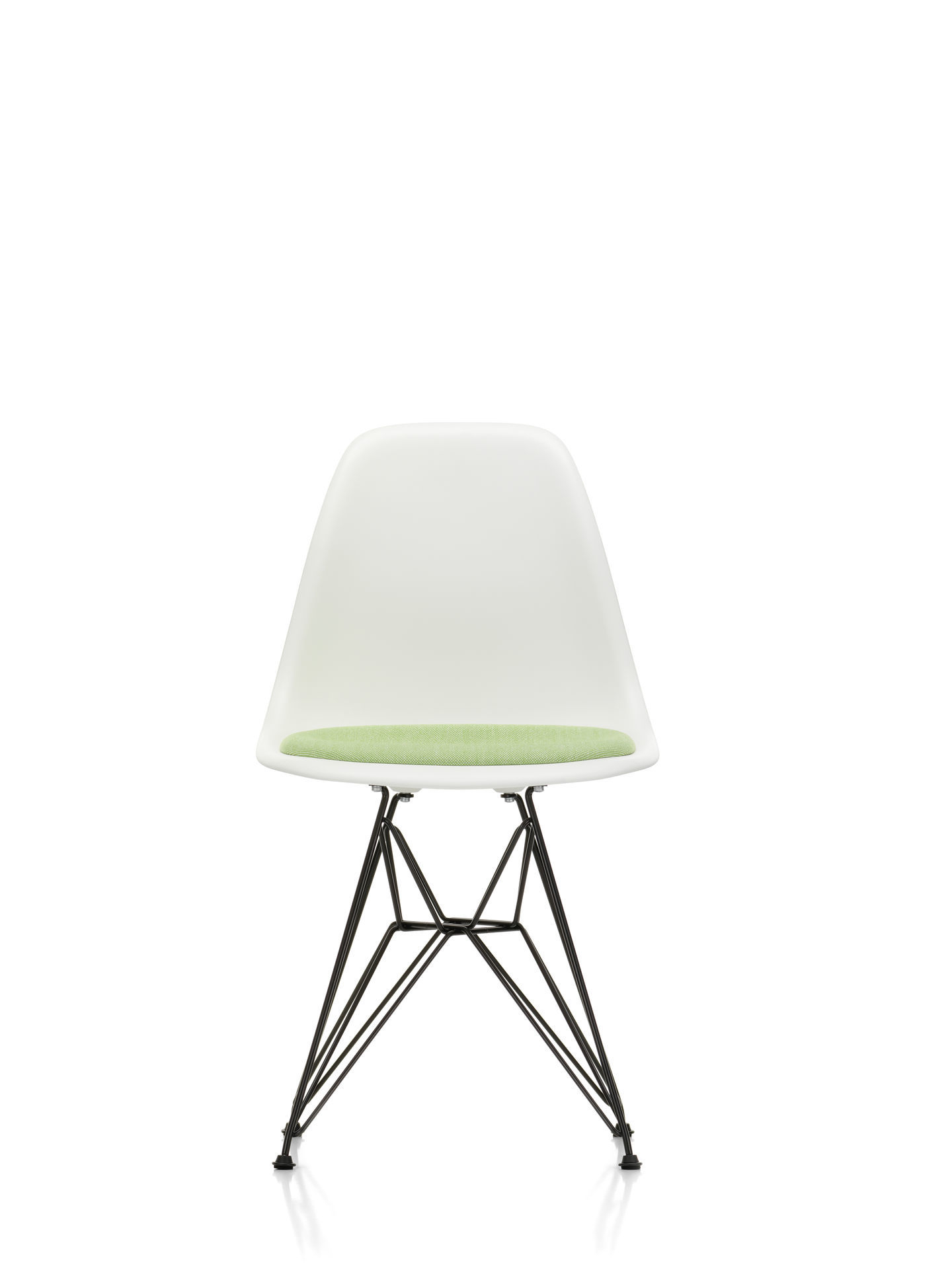 Eames Side Chair DSR Stuhl Vitra, Kiesel, mit grünem Sitzpolster und Chromgestell.