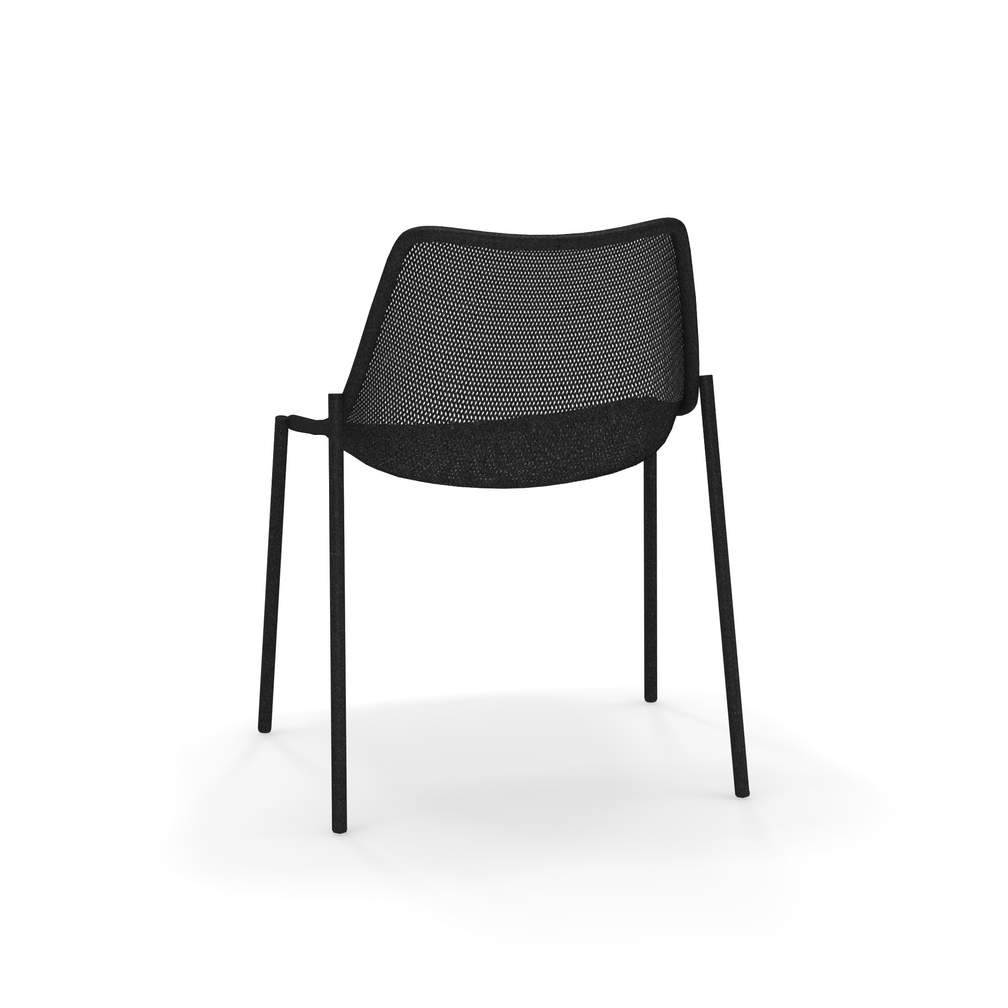 Schwarzer Emu Round Stuhl von hinten, mit Netzstruktur und minimalistischem Design für Garten und Terrasse.