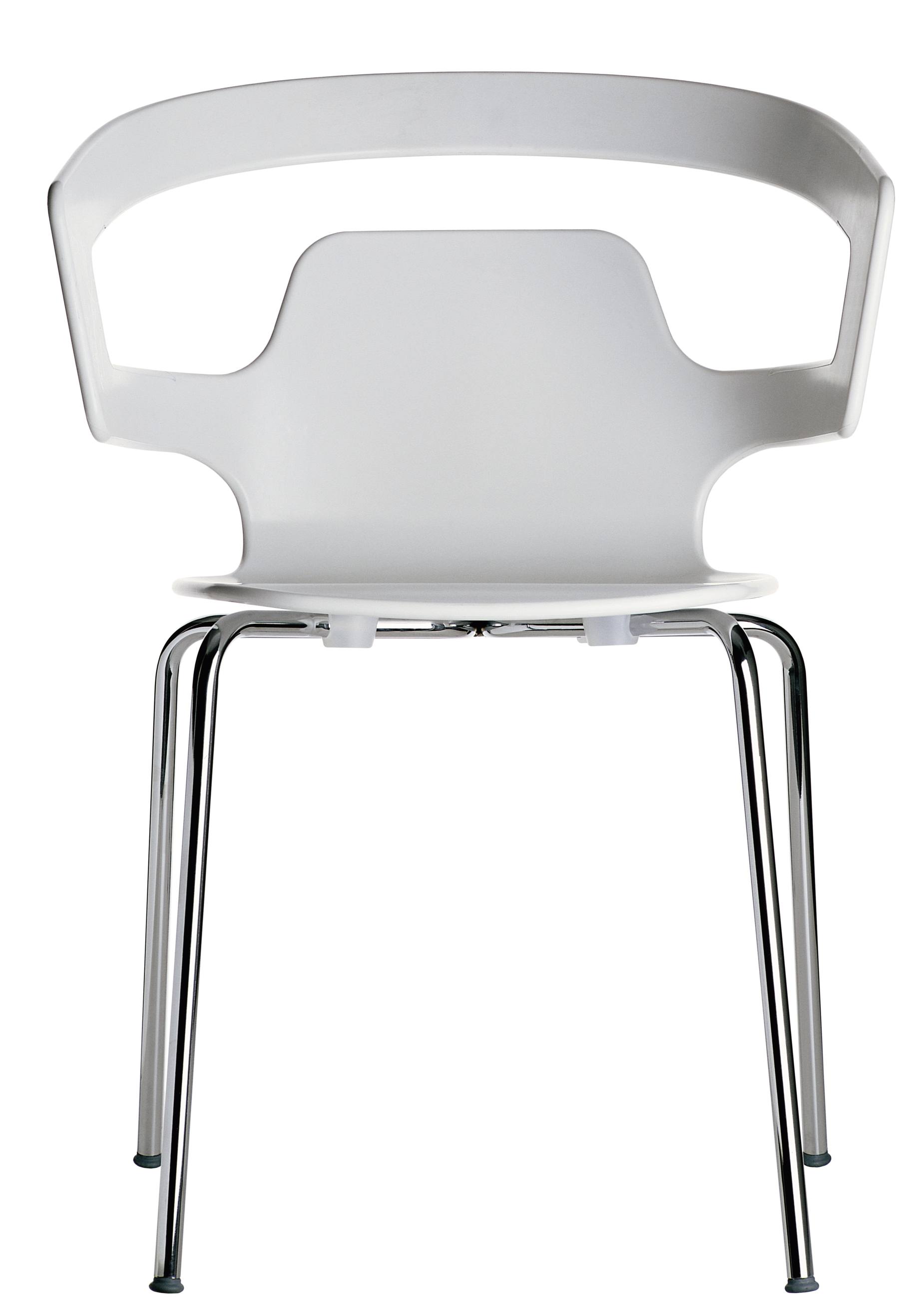 Weißer Segesta Chair 500 Stuhl Alias mit Armlehne und verchromten Metallbeinen, Ansicht von vorne.