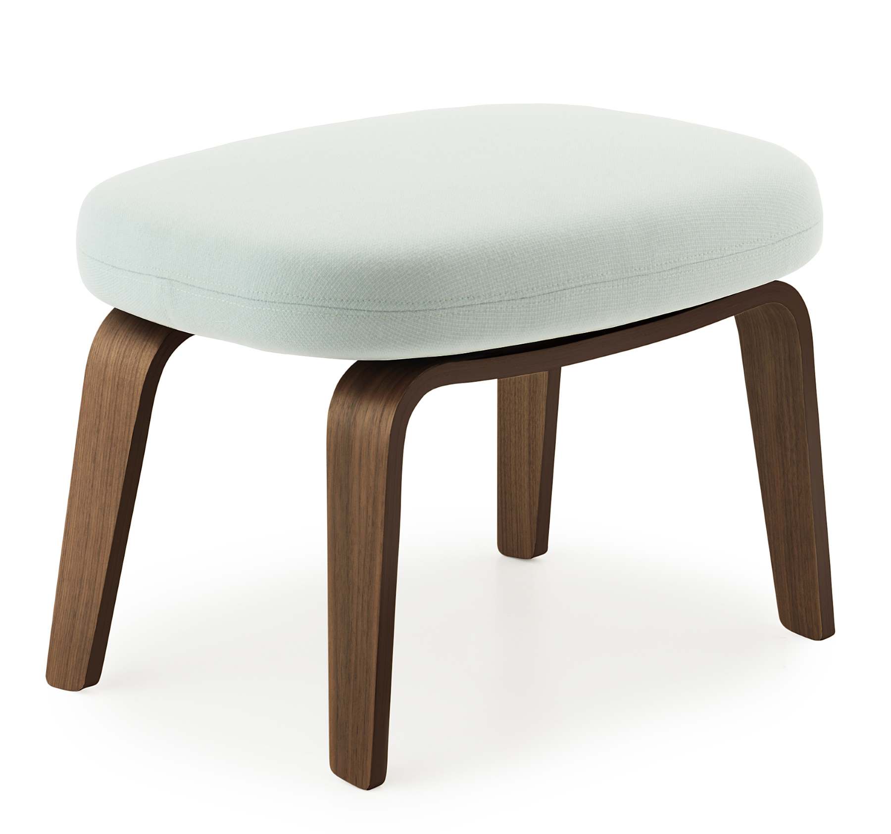 Era Footstool Fußhocker von Normann Copenhagen mit hellblauem Stoffbezug und dunklem Holzgestell.