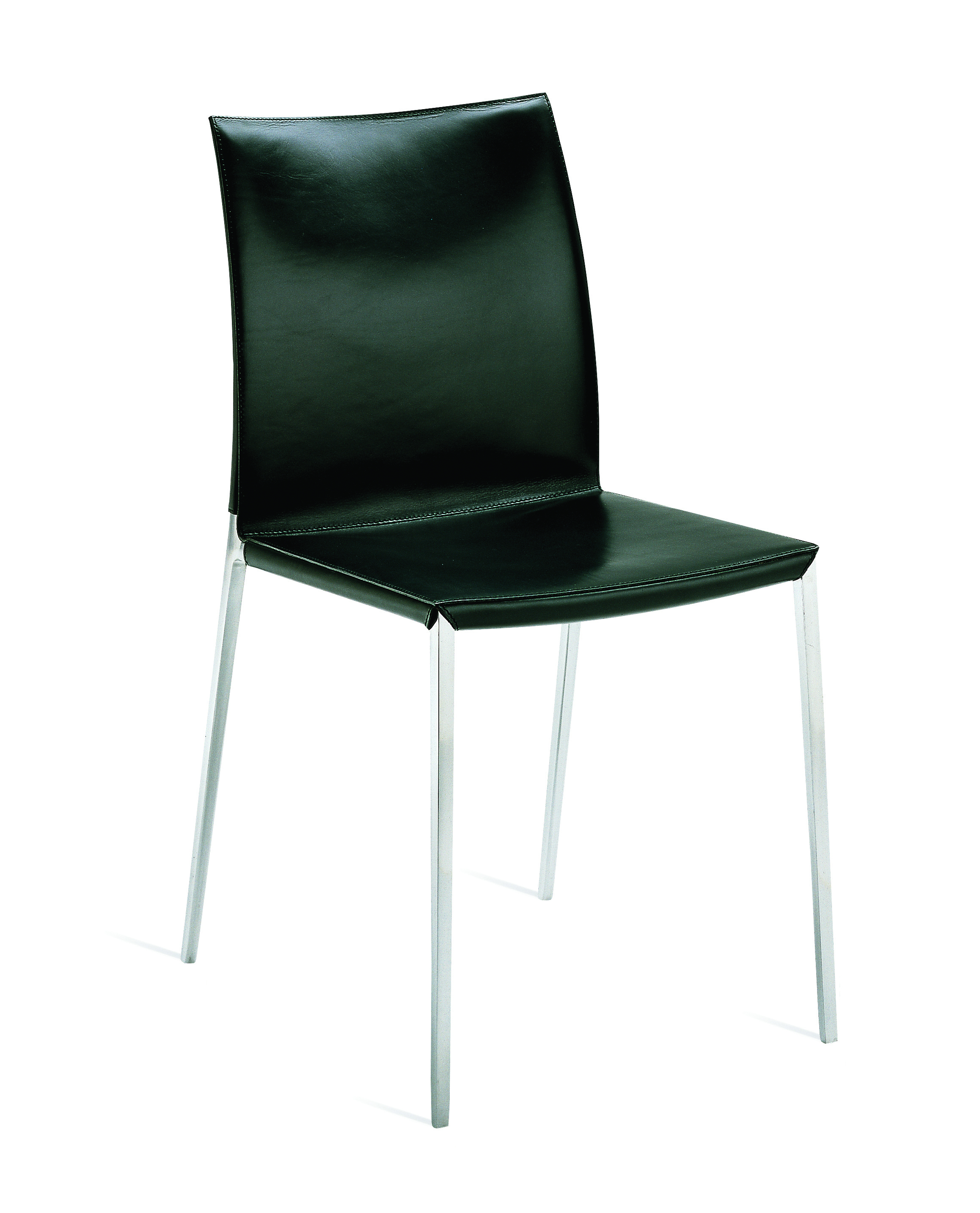 Schwarzer Lia Stuhl von Zanotta mit Lederbezug und verchromten Metallbeinen, moderner Esszimmerstuhl.