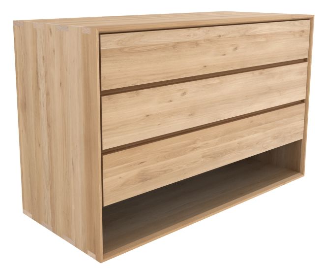 Ethnicraft Eiche Kommode: Moderne Holzkommode mit drei Schubladen und offenem Fach.