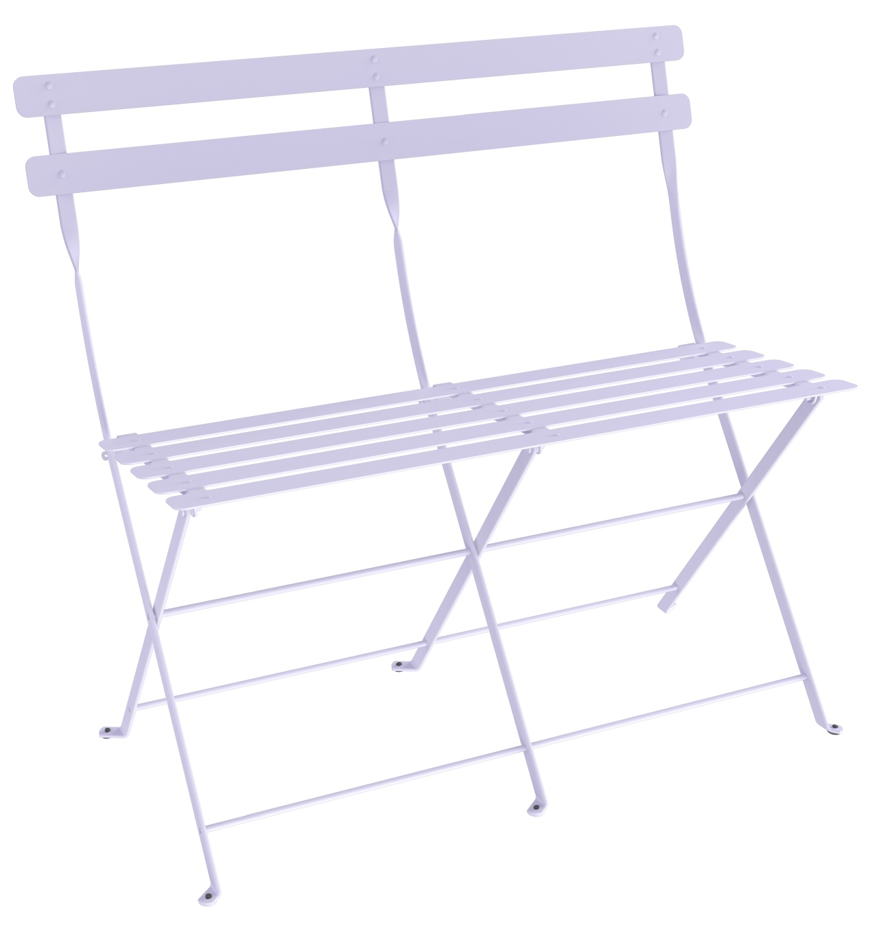Nahaufnahme der lila Fermob Bistro 2-Sitzer Klappbank für den Außenbereich, ideal für Garten und Balkon.