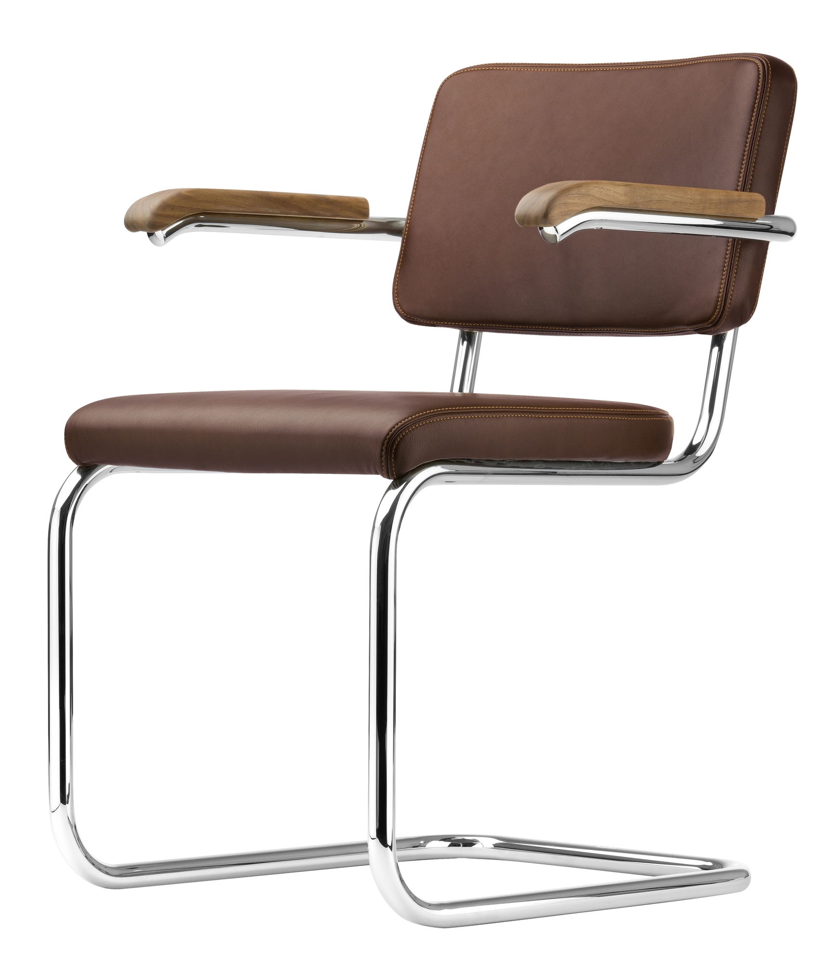 S 64 Freischwinger von Thonet: Klassischer Stahlrohrstuhl mit braunem Lederbezug und Holzarmlehnen. Zeitloses Design für Büro und Wohnraum.