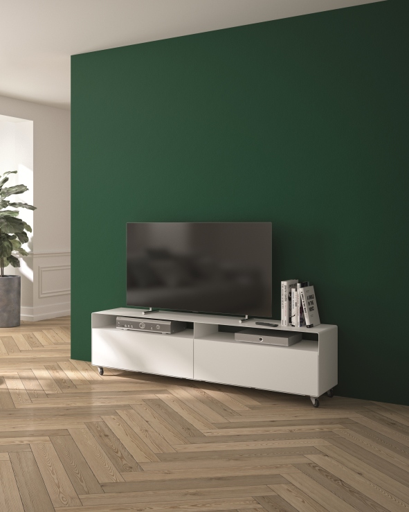 Weißes R109N Sideboard von Müller Möbelfabrikation mit Rollen, ideal als TV-Möbel oder Stauraum.