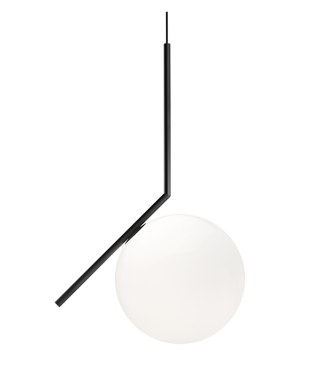 Schwarze IC Lights Pendelleuchte von Flos mit weißem, kugelförmigem Lampenschirm und minimalistischem Design.