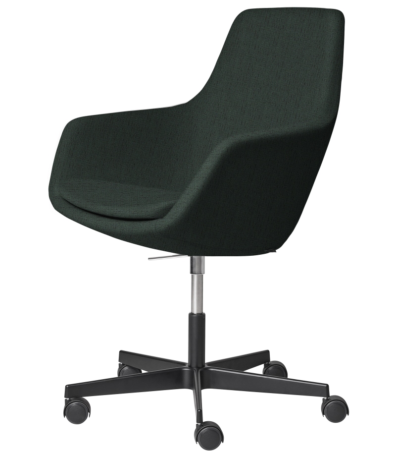 Dunkelgrüner Little Giraffe Drehstuhl von Fritz Hansen mit festem Bezug und Rollen.