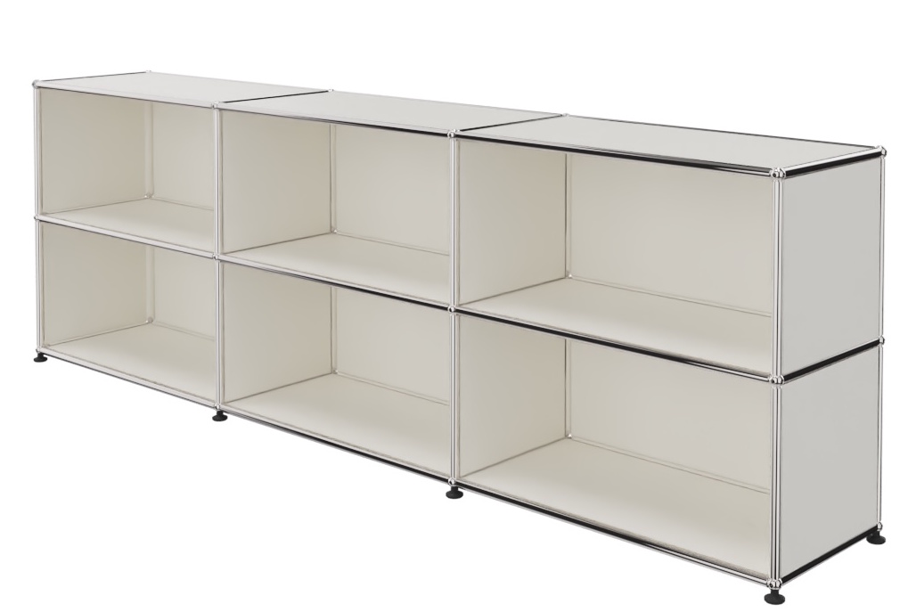 USM Haller Regal in Reinweiß mit offenen Fächern, modernes modulares Design für Wohn- und Bürobereiche.