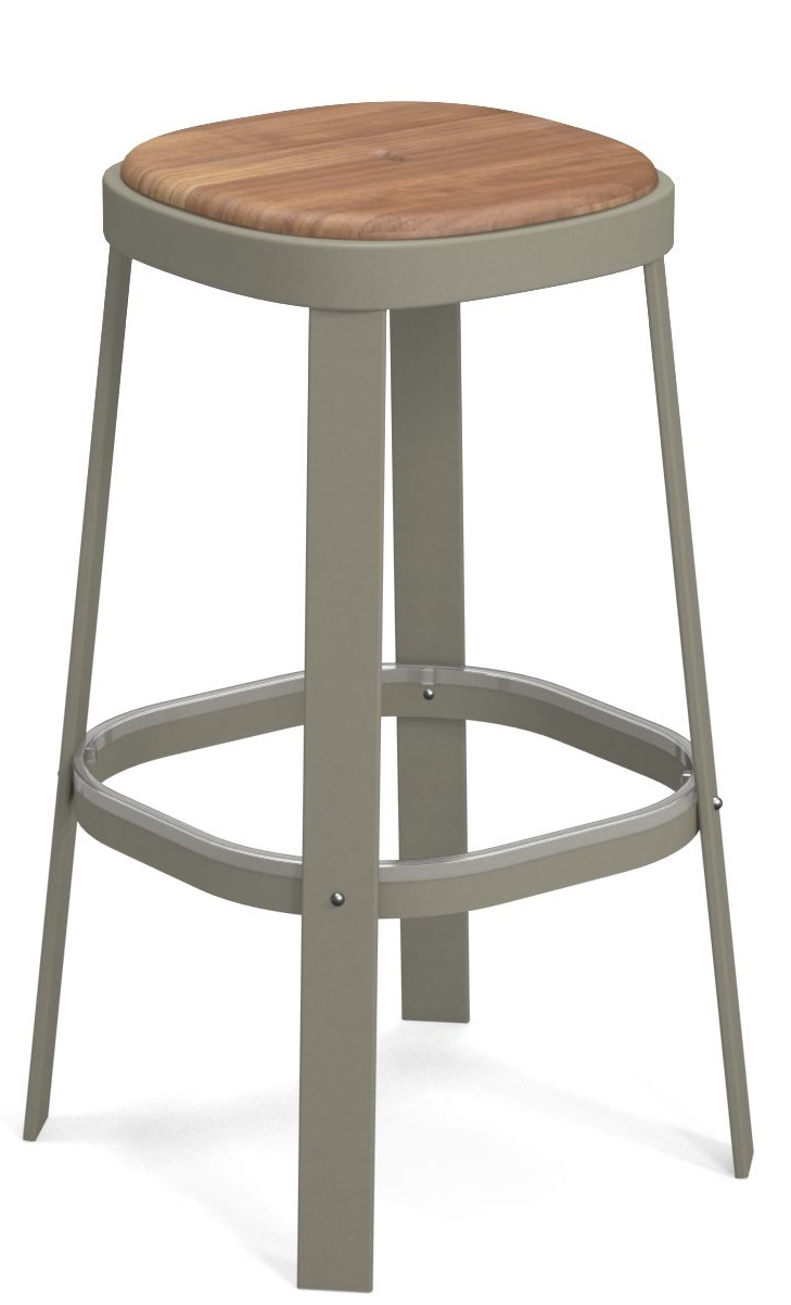 Thor Barstool von Emu, Outdoor Barhocker mit Holz-Sitzfläche und grauem Metallgestell für den Garten.