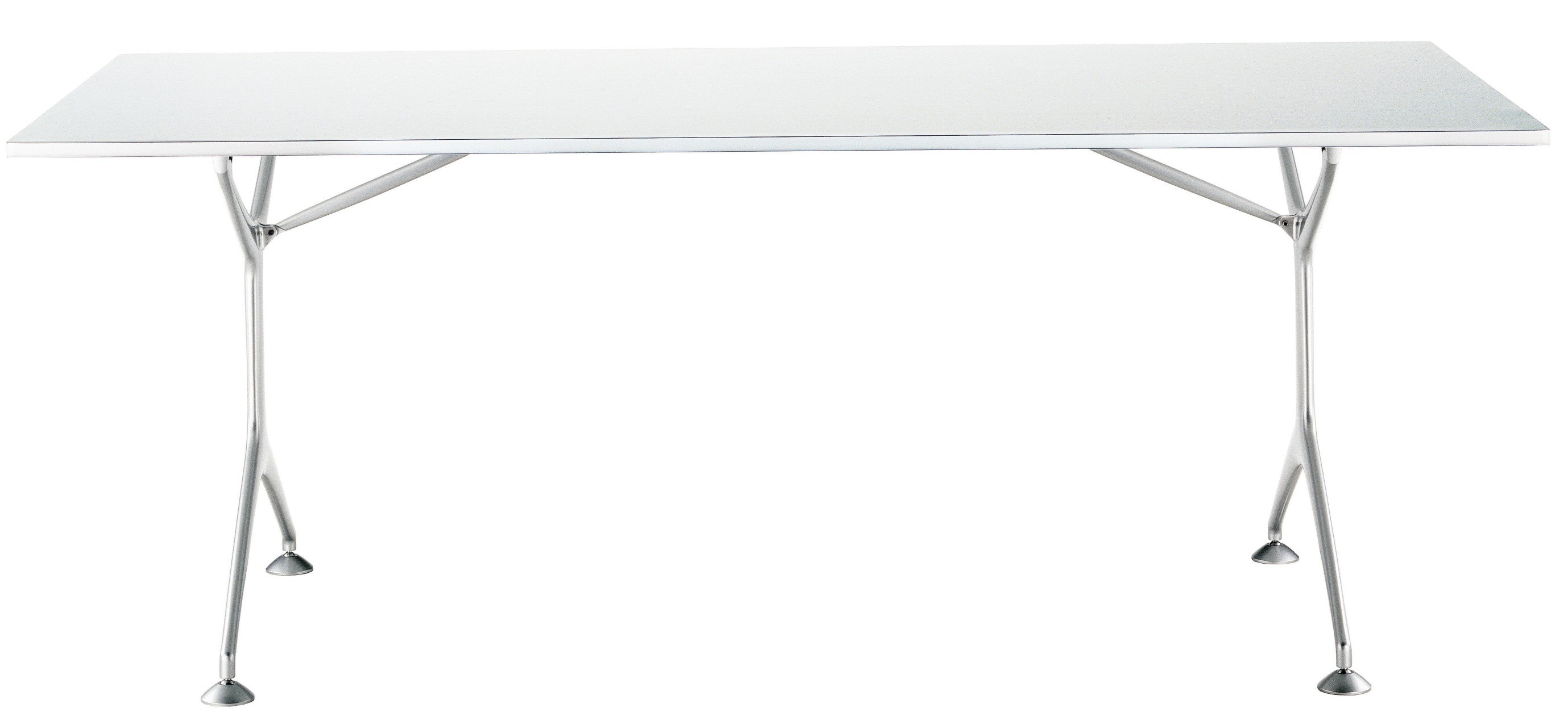 Frametable Tisch Alias: Moderner, rechteckiger Tisch mit weißer Tischplatte und filigranem, silberfarbenem Metallgestell.
