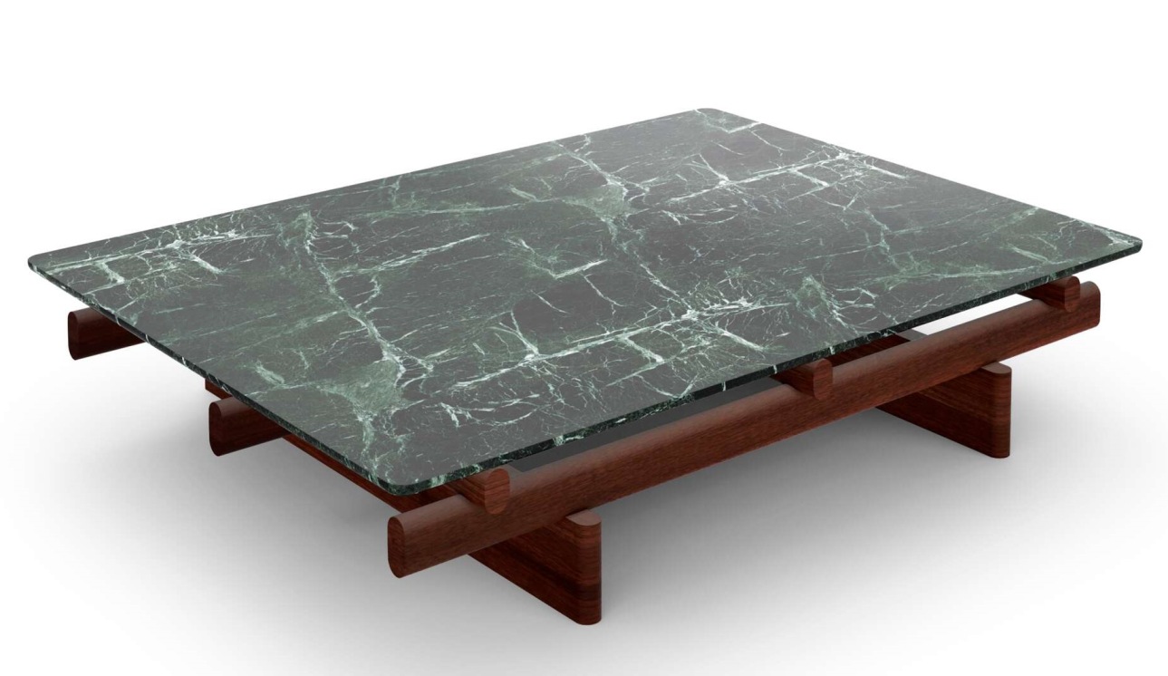 Cassina Couchtisch Sengu 564 mit rechteckiger, grüner Marmorplatte und dunklem Holzgestell.