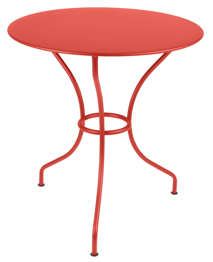 Roter Fermob Opéra+ Gartentisch für den Außenbereich, runder Metalltisch mit drei geschwungenen Beinen.