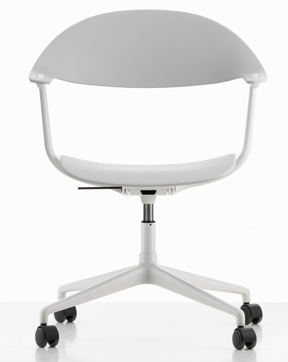 Weißer Mynt Bürodrehstuhl von Vitra mit Rückenlehne und Sitz aus Kunststoff, Ansicht von vorne.