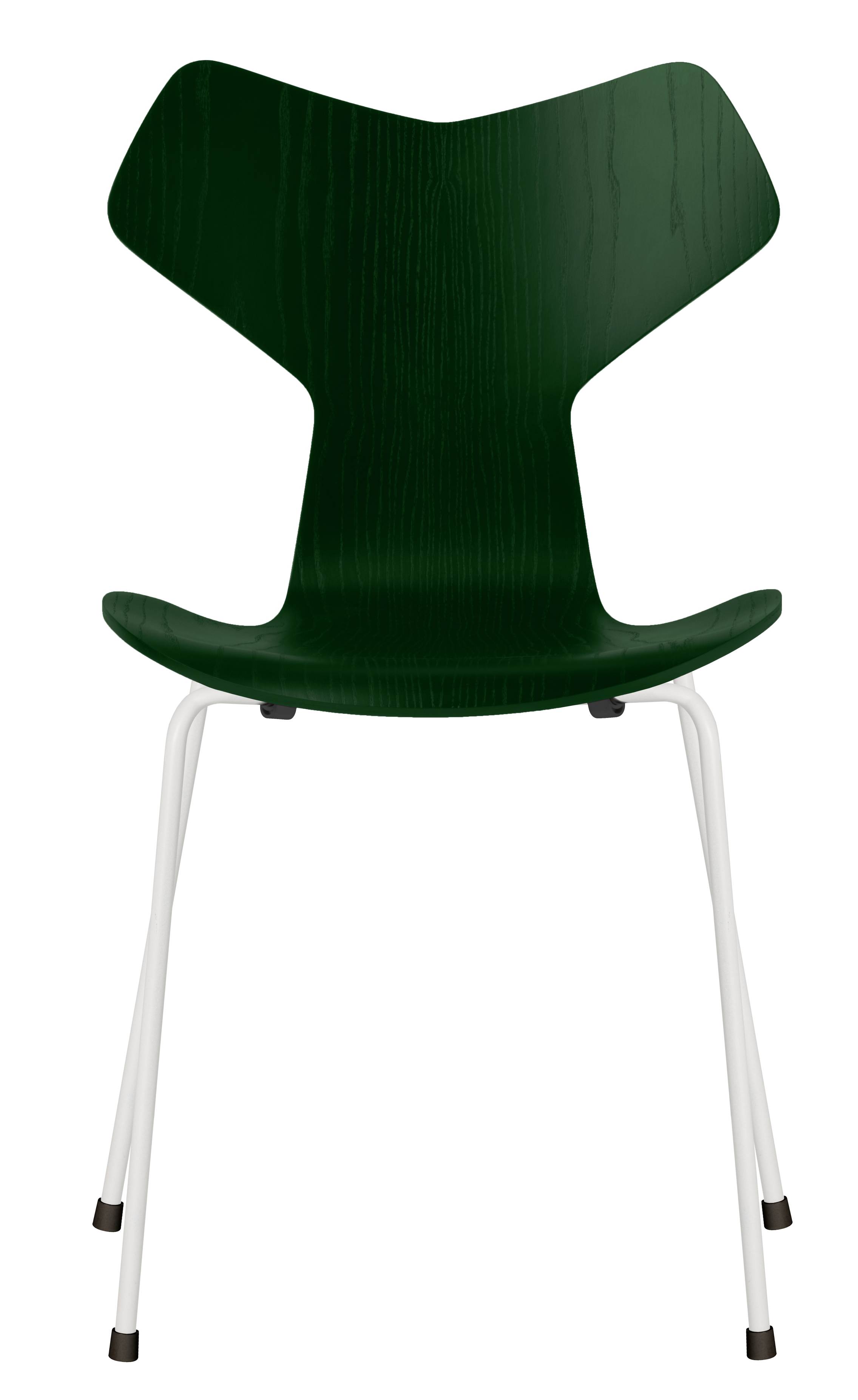 Grüne Fritz Hansen Grand Prix Stuhl mit Holzfurnier und weißen Metallbeinen, Frontansicht.