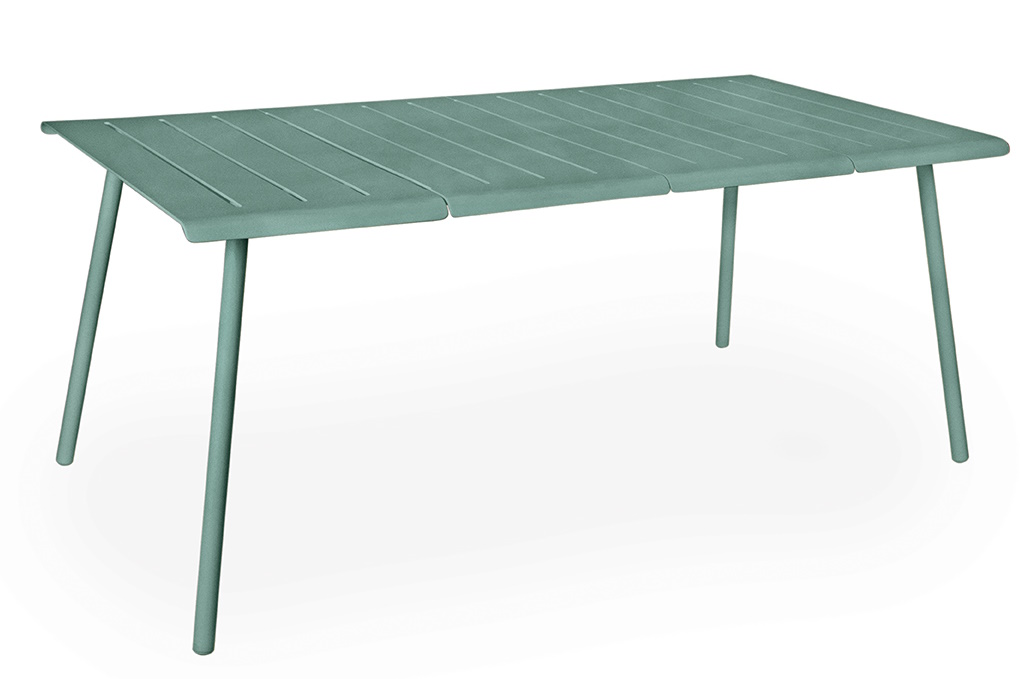 Vapio Tisch Outdoor von Weishäupl, moderner Gartentisch aus Metall in Grün mit gerippter Tischplatte.