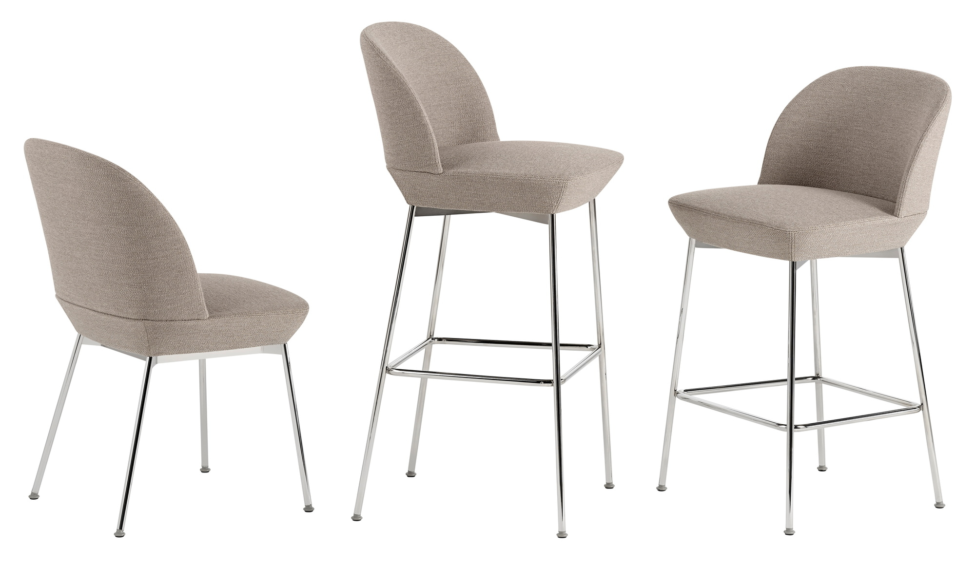 Drei Oslo Bar Stool Barhocker von Muuto, beige Stoffbezug, Chromgestell, H 75 cm.