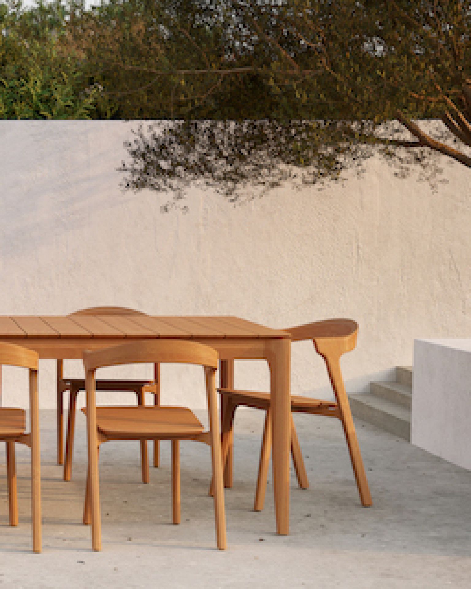 Holz Gartentisch mit Stühlen für den Außenbereich, modernes Design, hochwertige Gartenmöbel für Terrasse und Garten.