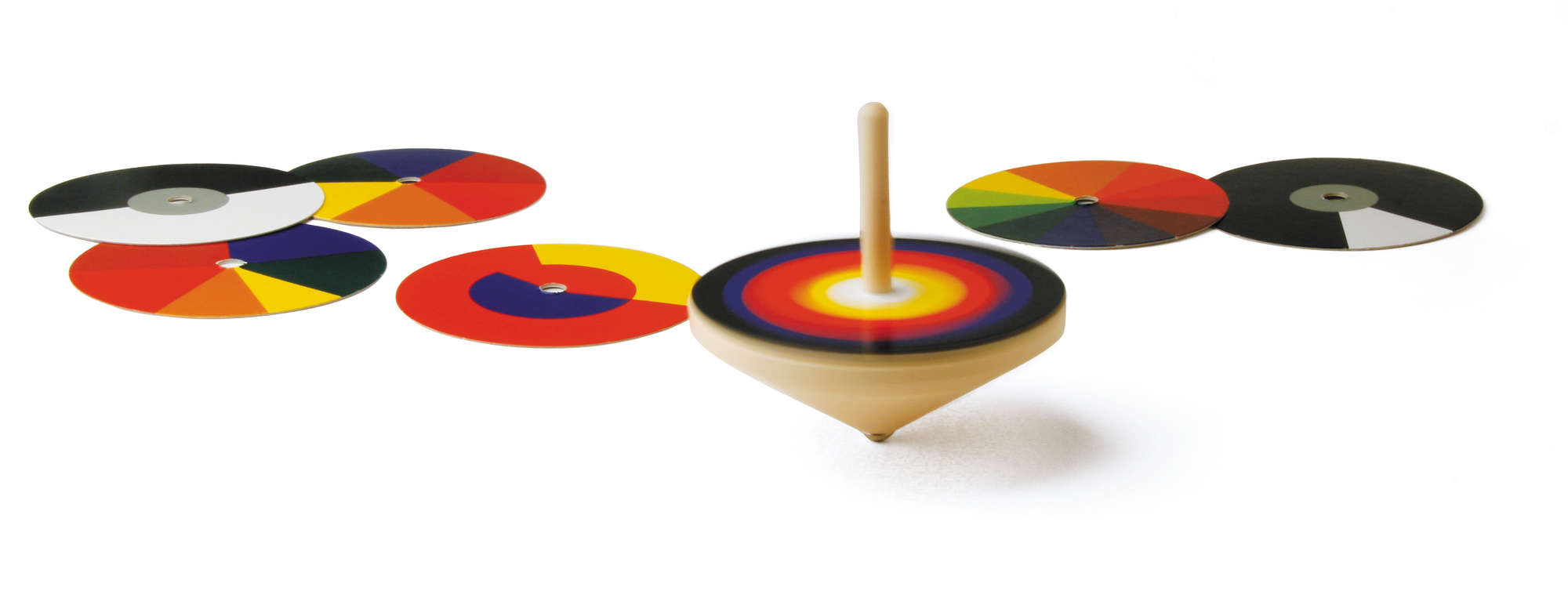 Bauhaus Farbmischer Kreisel von Naef Spiele AG mit Farbscheiben für optische Farbexperimente.