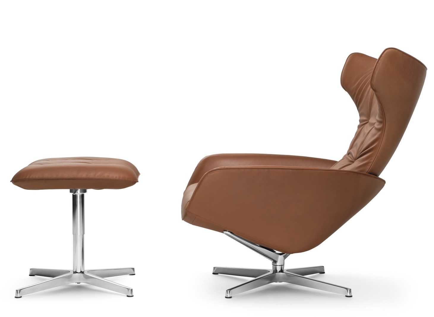 Onsa Hocker von Walter Knoll, braunes Leder, Fußhocker und Sessel mit Drehfuß.