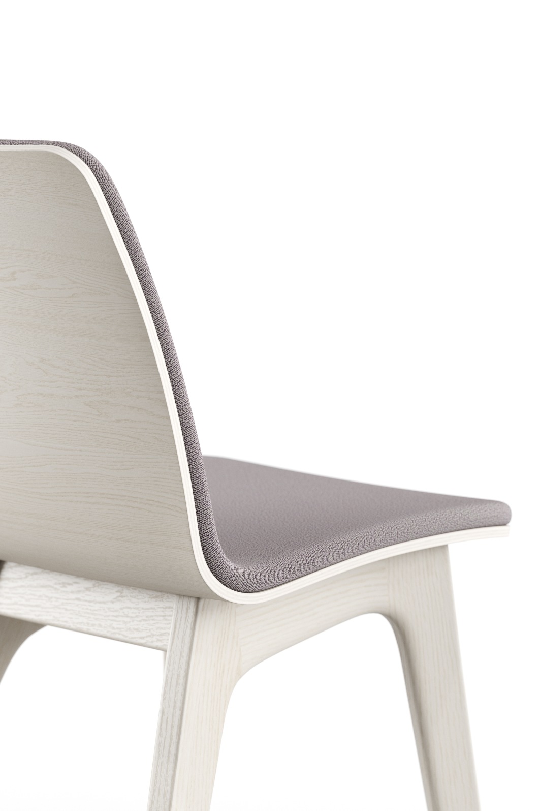Detailaufnahme von Morph Holzstuhl mit grauem Sitzpolster, helle Holzbeine, modernes Design für Esszimmer und Büro.