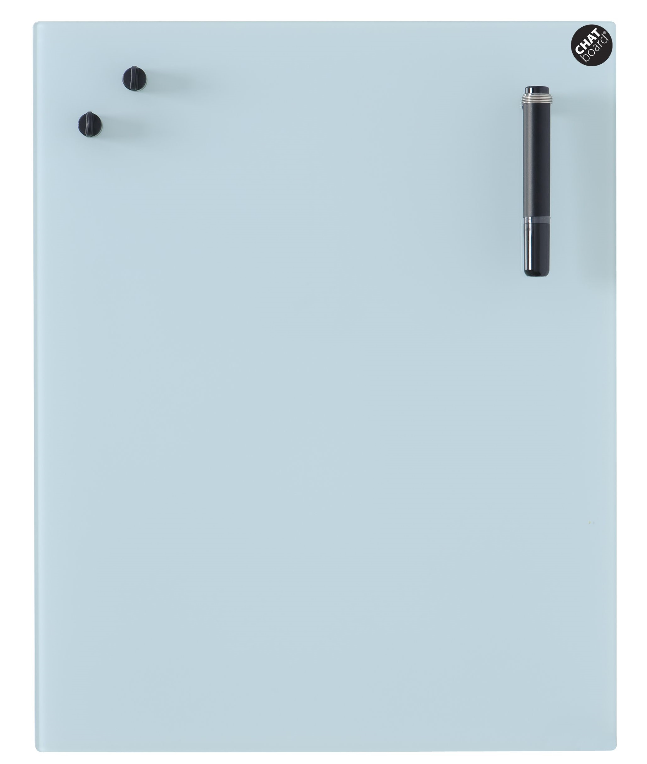 Chat Board Classic Wandtafel aus Glas in Hellblau mit Magneten und Stift.
