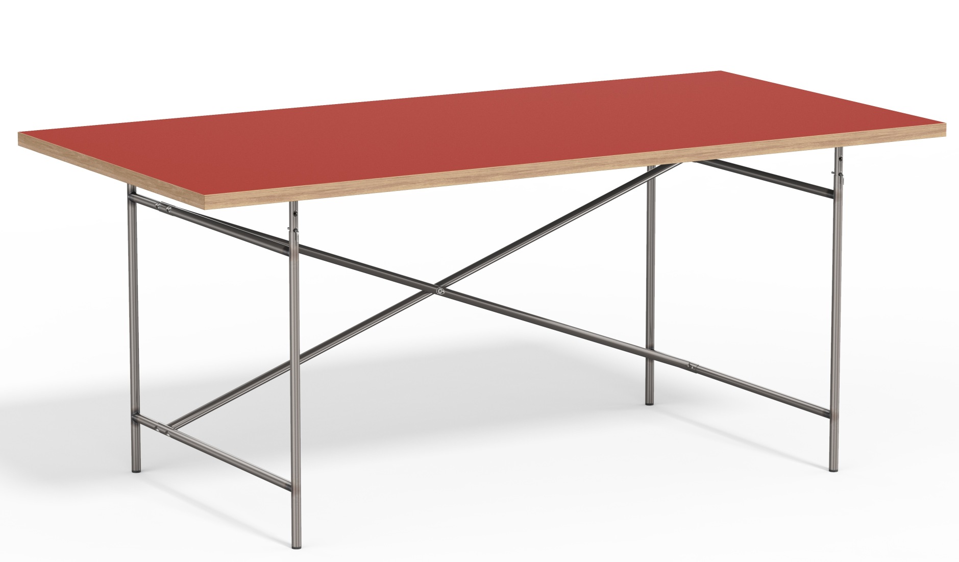 Eiermann Tisch mit roter Tischplatte und Stahlgestell, ein Designklassiker für Büro und Zuhause.