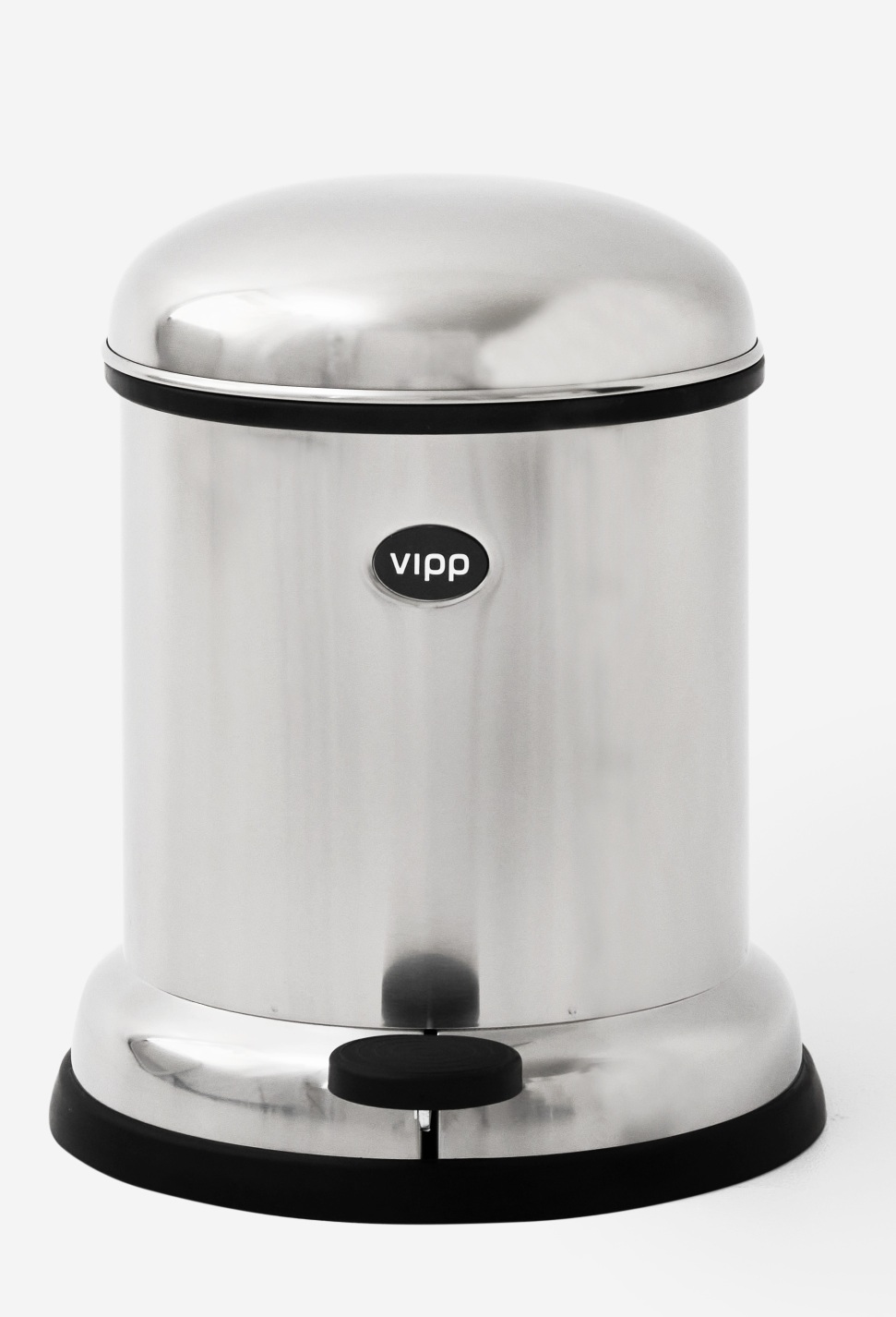 Bild eines Vipp Treteimers, 4 Liter, aus gebürstetem Edelstahl mit schwarzem Fuß.