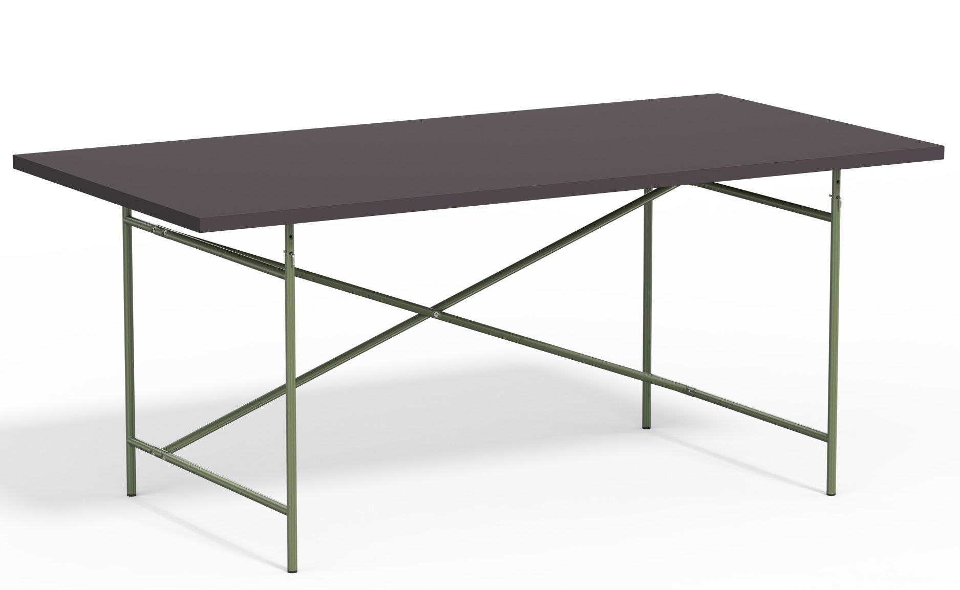 Eiermann Tisch mit grauer Tischplatte und grünem Stahlgestell, Designklassiker für Büro und Wohnraum.