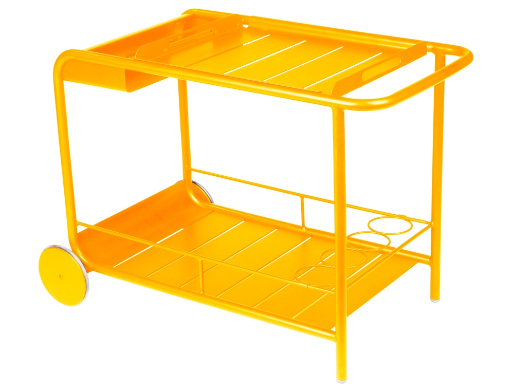 Opalgrüner Fermob Servierwagen für den Outdoor-Bereich mit zwei Ablageflächen und praktischen Rollen.