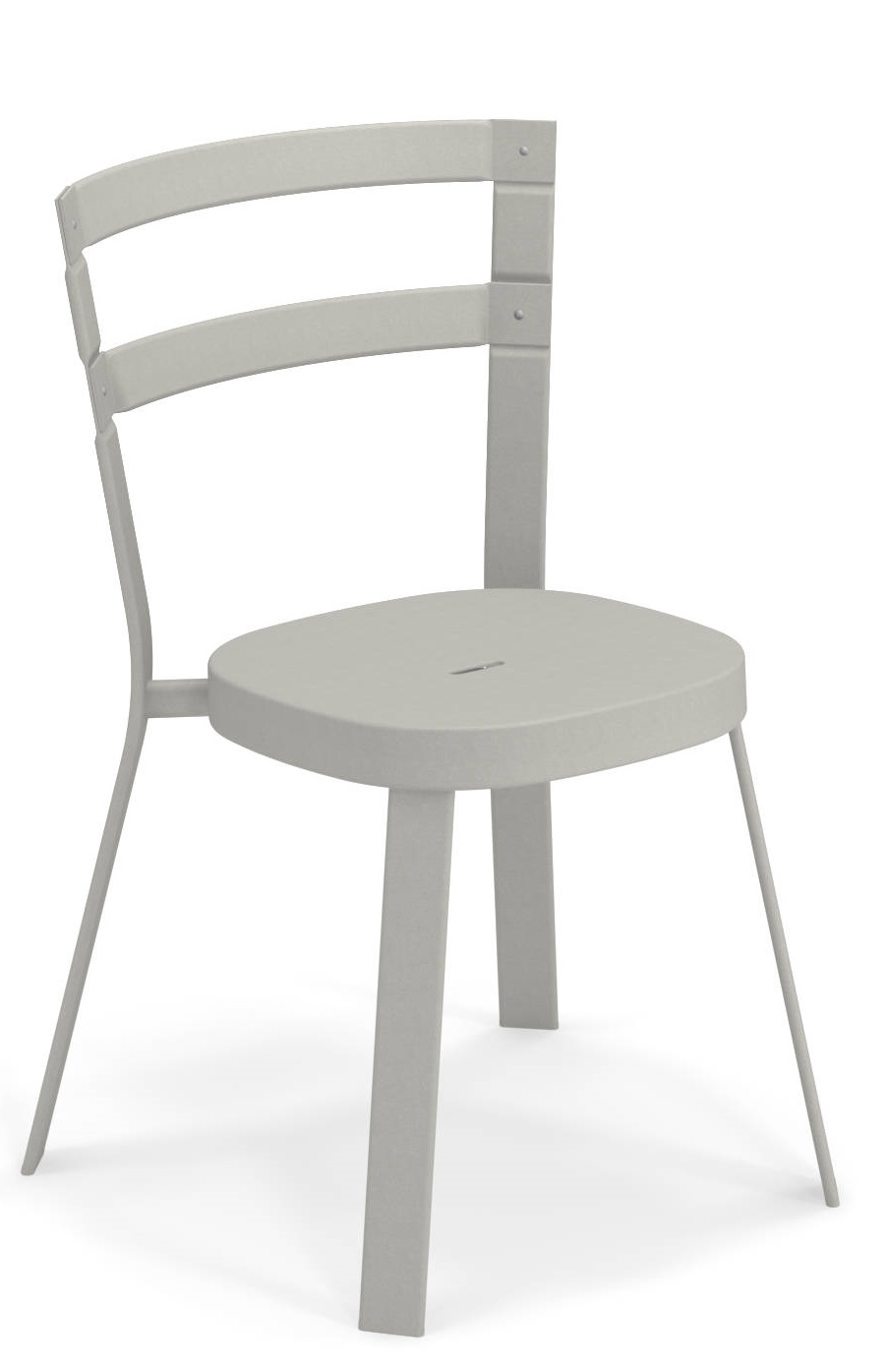 Thor Chair Stuhl Outdoor Emu, grauer Gartenstuhl mit runder Sitzfläche und Rückenlehne mit drei Querstreben.