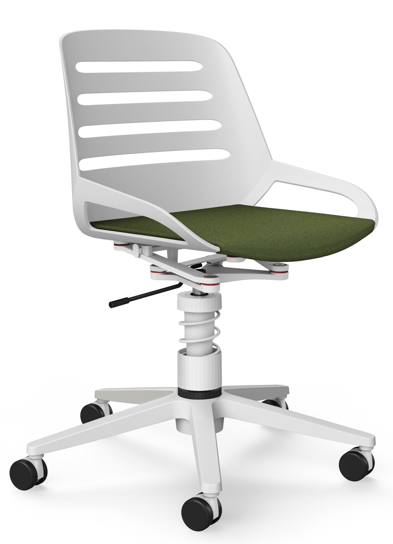 Numo Bürodrehstuhl von Aeris mit grünem Sitzpolster, weißer Rückenlehne und Rollen für ergonomisches Sitzen.