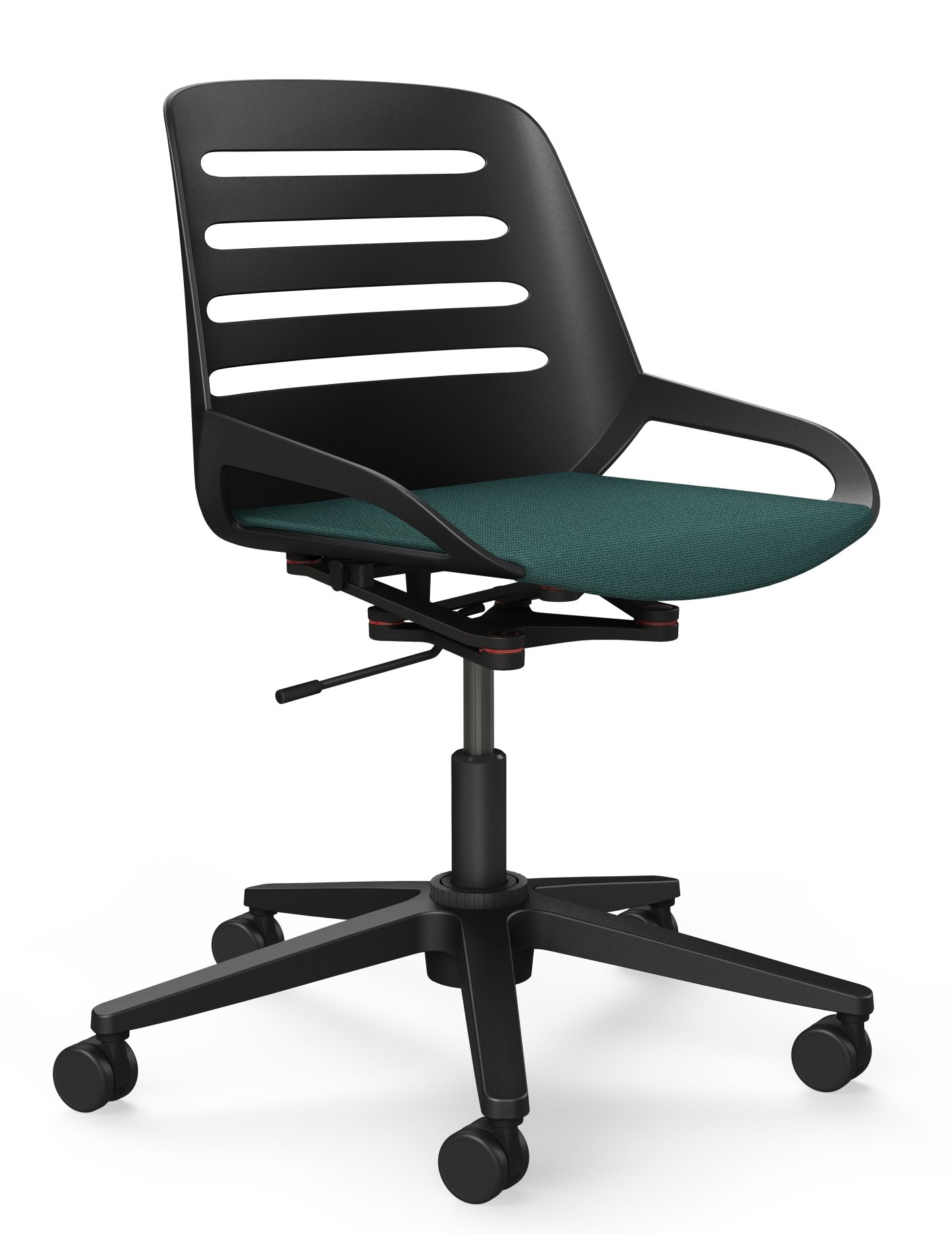Numo Task Bürodrehstuhl von Aeris, schwarzes Gestell, grüne Sitzfläche, ergonomischer Bürostuhl mit Rollen.