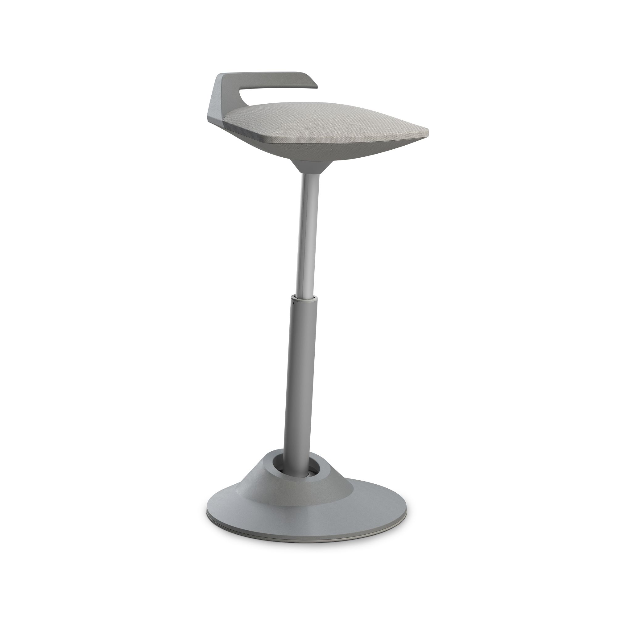 Grauer, höhenverstellbarer Stehhocker mit Griff für ergonomisches Sitzen und Stehen im Büro.