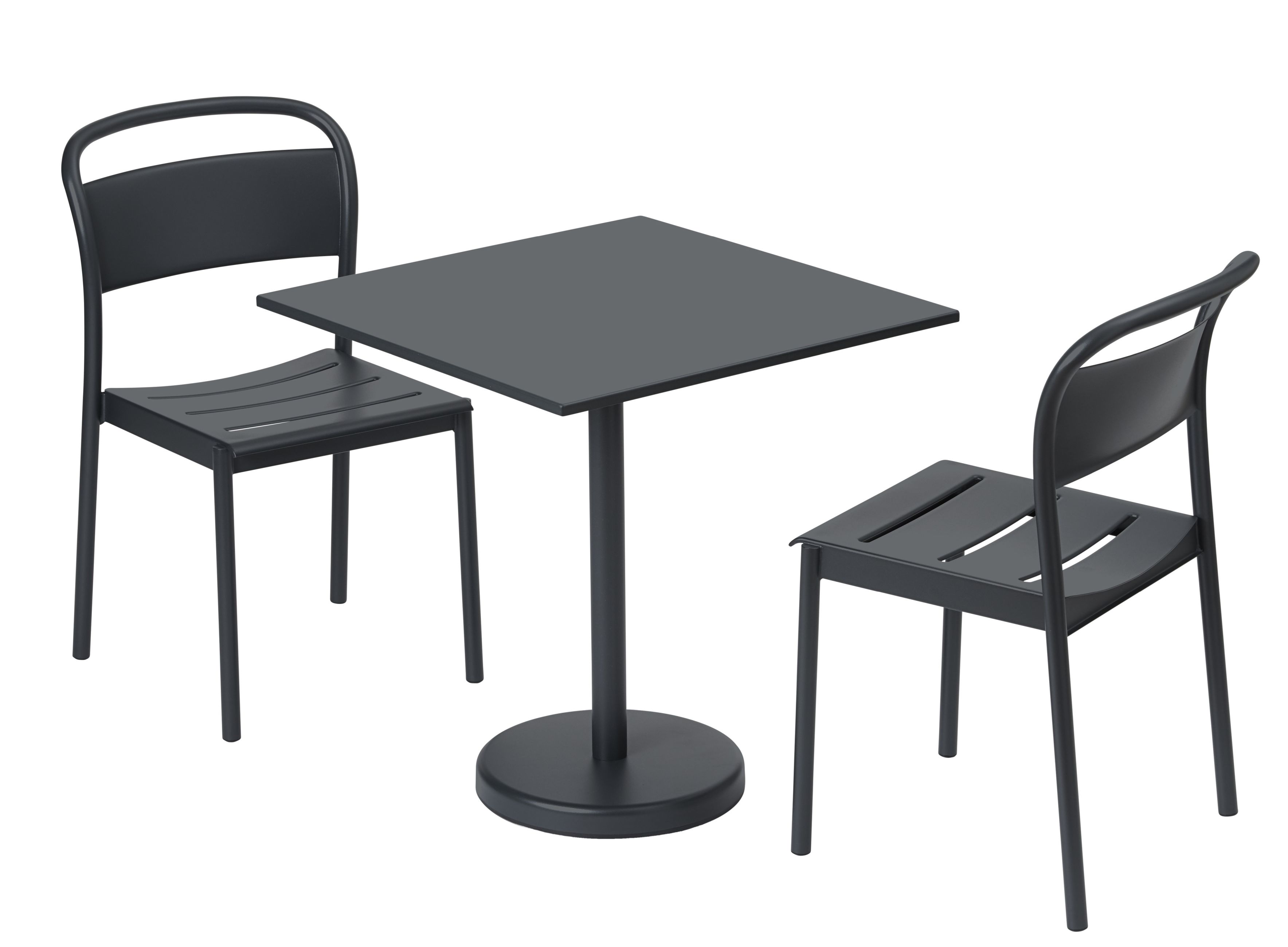 Muuto Linear Steel Side Chair Outdoor Stuhl mit quadratischem Tisch für den Garten oder die Terrasse.