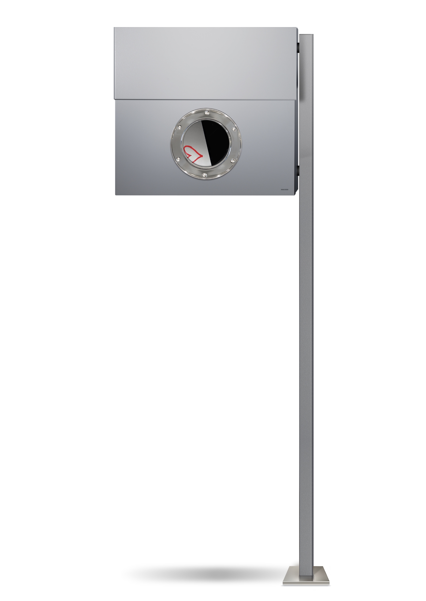 Silberner Glascontainer mit Einwurföffnung und rotem Recycling-Symbol für die Glasentsorgung im öffentlichen Raum.