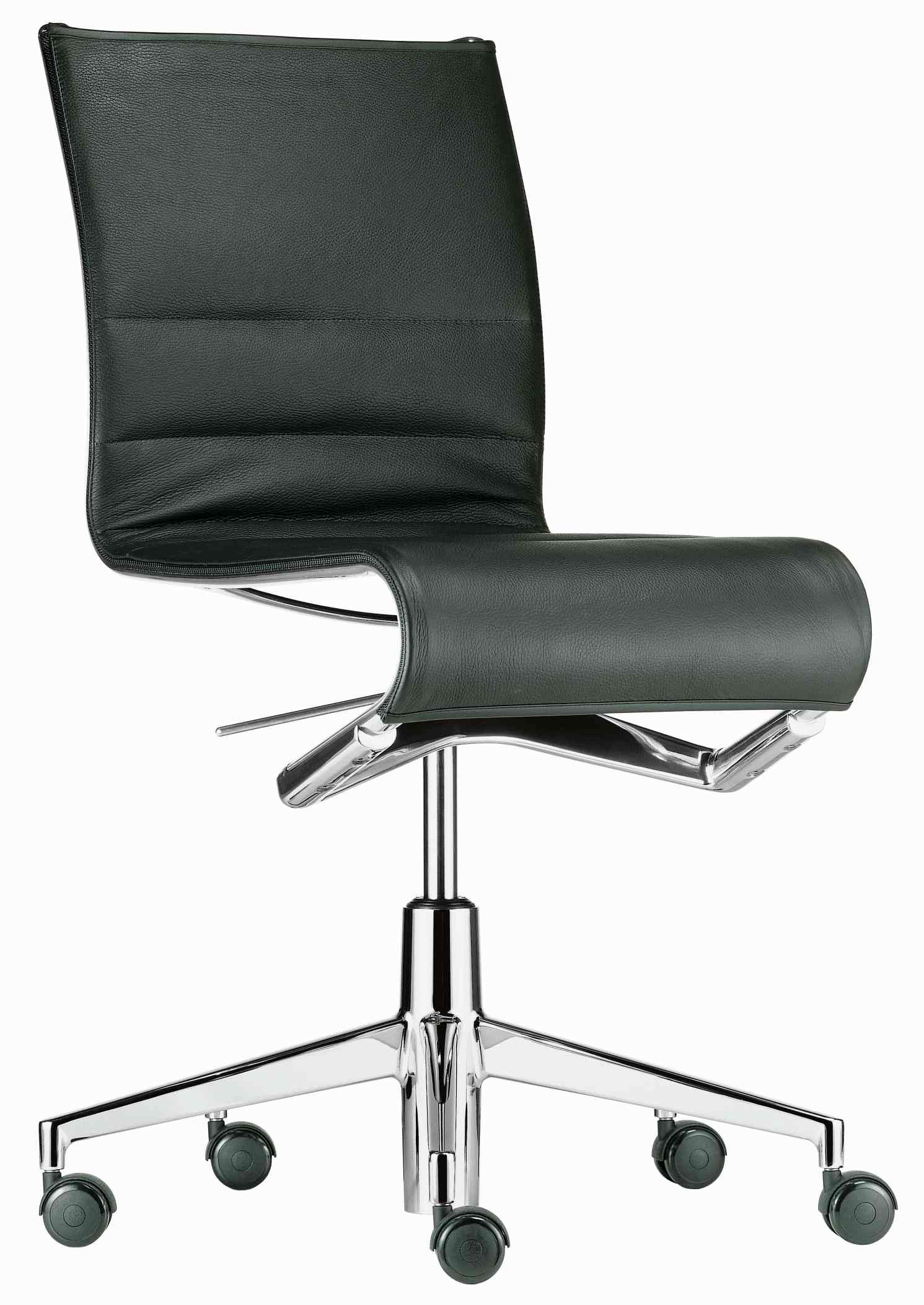 Rollingframe Bürostuhl mit Lederbezug und Chromgestell, ergonomischer Drehstuhl für das Büro.