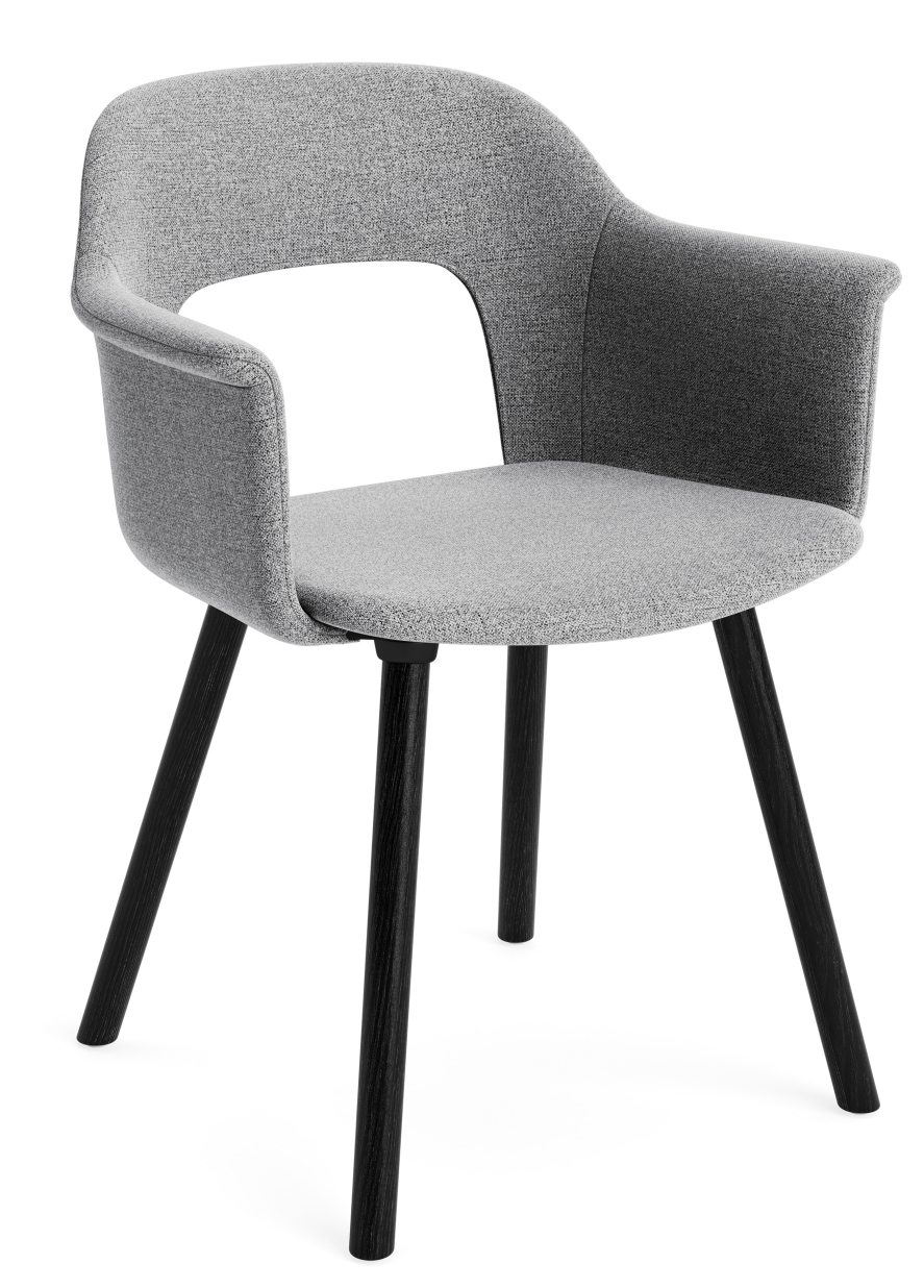 Layout Armchair 224 von Hay, grauer Armlehnstuhl mit Stoffbezug und schwarzen Holzbeinen für Esszimmer und Wohnbereich.