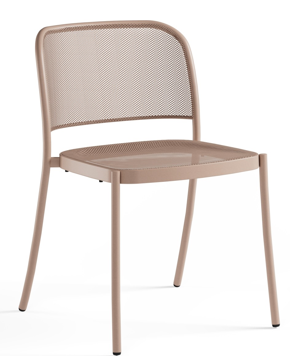 Café Chair Stuhl von Emu für den Außenbereich, aus beigem Metall mit feinem Netzmuster.